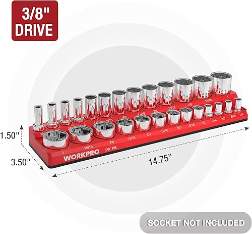 Miniatura 3 de WORKPRO Organizador Magnético de Dados, Soporte de Dados SAE de 38 Pulgadas, Bandejas de Dados que Sostienen 26 Piezas de Dados de Tamaño Estándar y