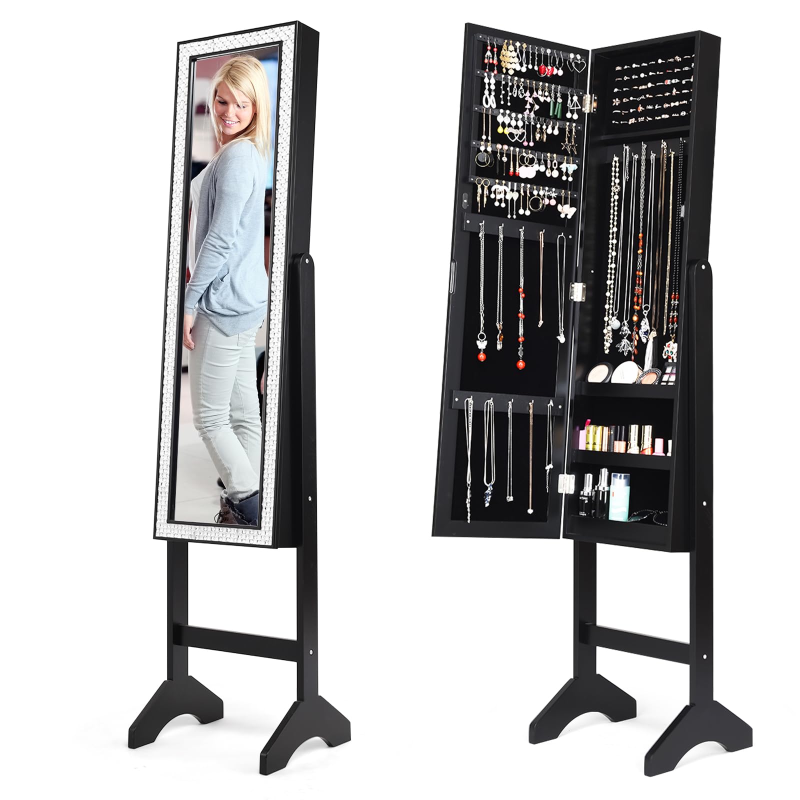 HOMASIS HOMASIS Joyero con espejo de cuerpo entero y estante de escalera, joyero de madera con marco de diamante, armario con espejo de pie con ángulo ajustable para collares, anillos y pendientes (Negro)