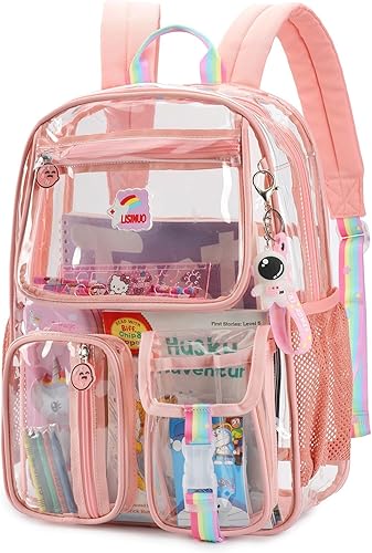 Mochila transparente resistente, mochilas transparentes para la escuela, mochila para niñas aprobada por el estadio, con llavero, Rosado, Estándar,