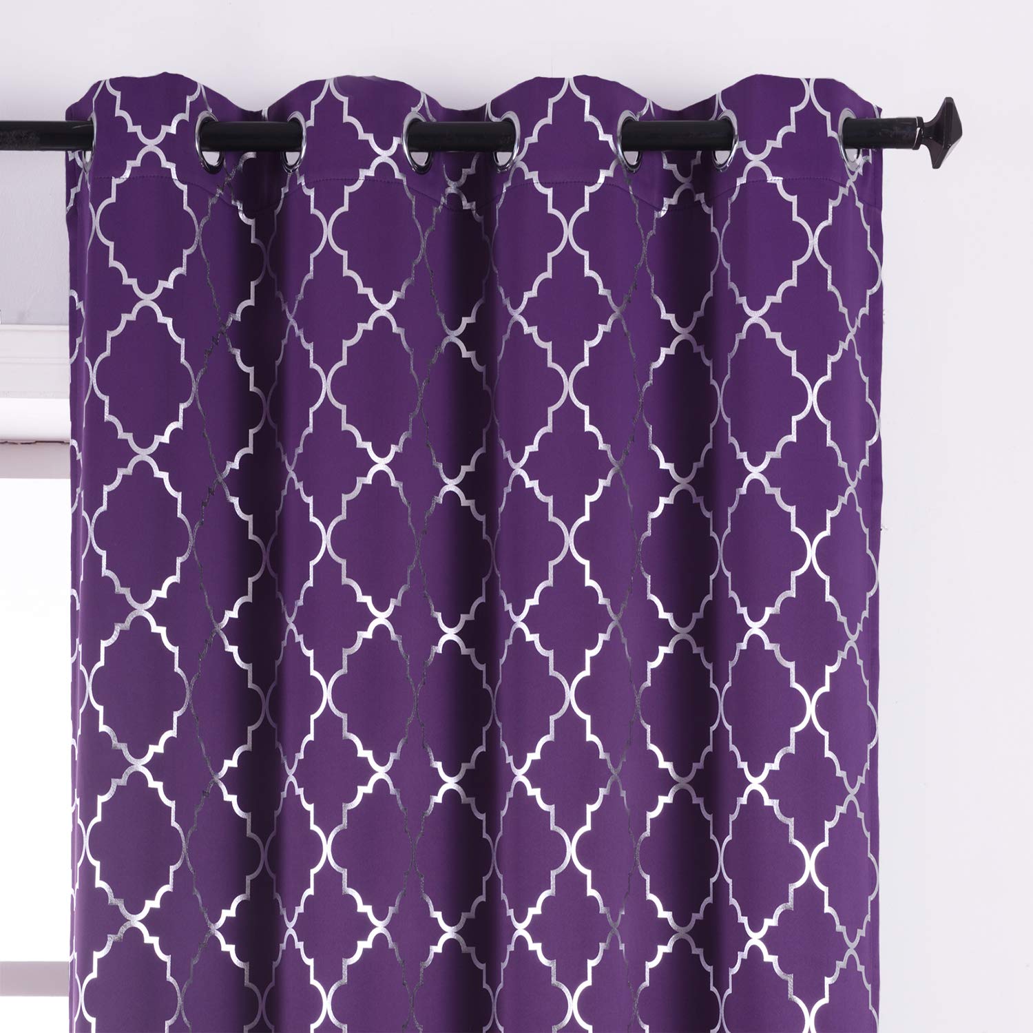 Reepow Purple Room Darkening Blackout Curtains for Bedroom 63 Inch Length, Silver Moroccan Pattern Grommet Blackout Window Drapes 52" W × 2 Panels