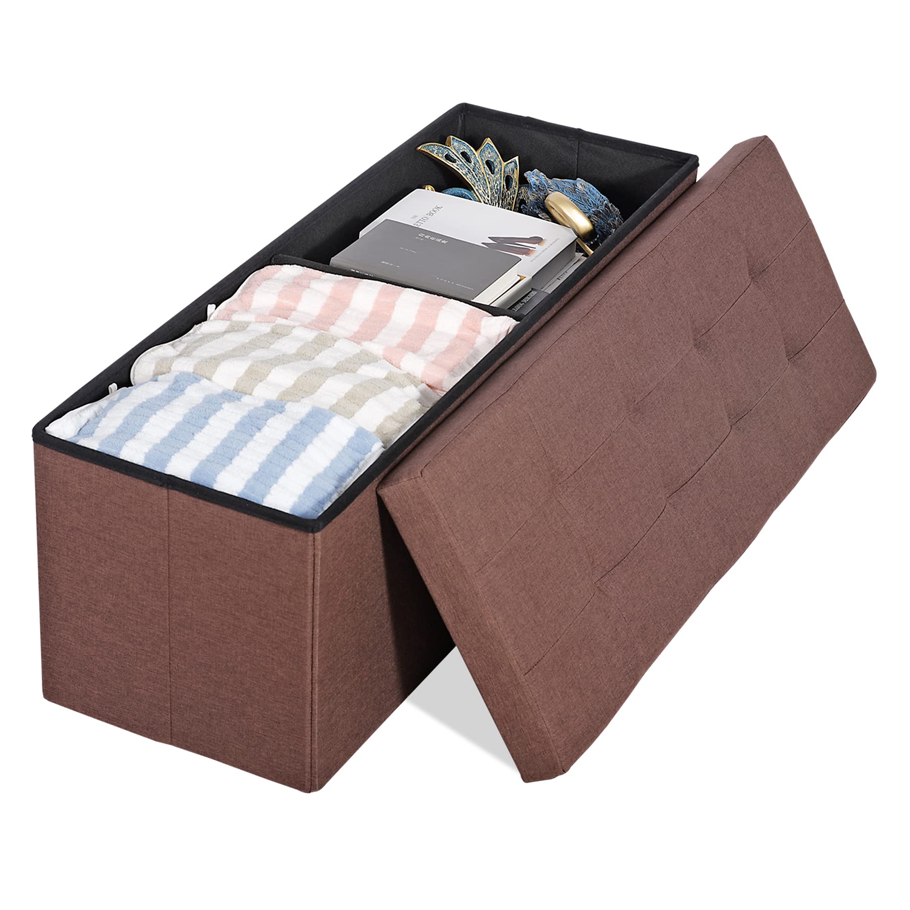 Foldable Storage Ottoman Bench - Storage Chest Foot Rest Stool w/Padded Seat Removable Bin for Living Room Bedroom Entryway,Brown