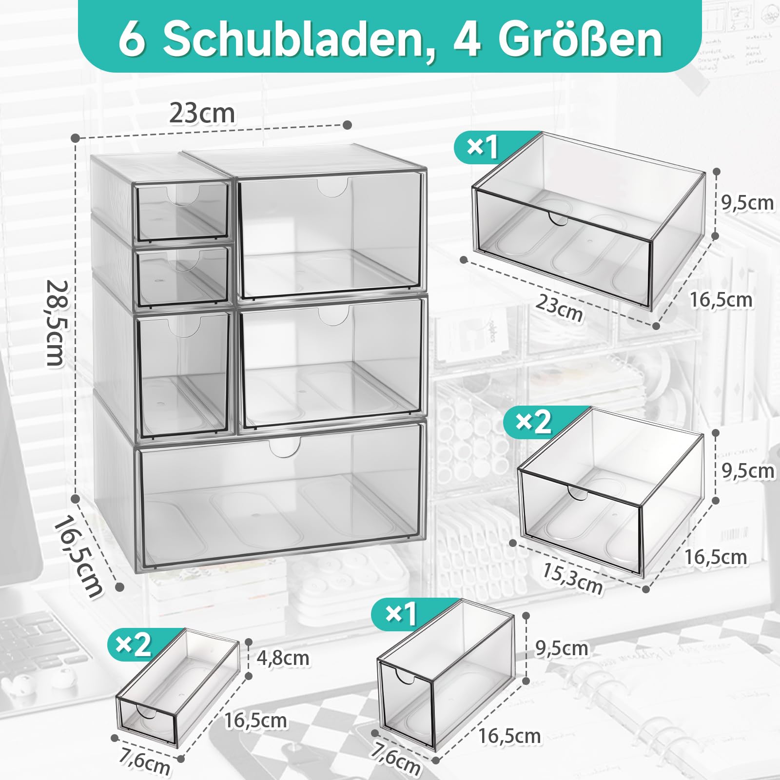 Organizzatore da scrivania in acrilico con 6 cassetti, organizzatore per trucchi, in plastica, 23 x 16,5 x 28,5 cm, trasparente, impilabile, per ufficio e toeletta, ideale per cancelleria