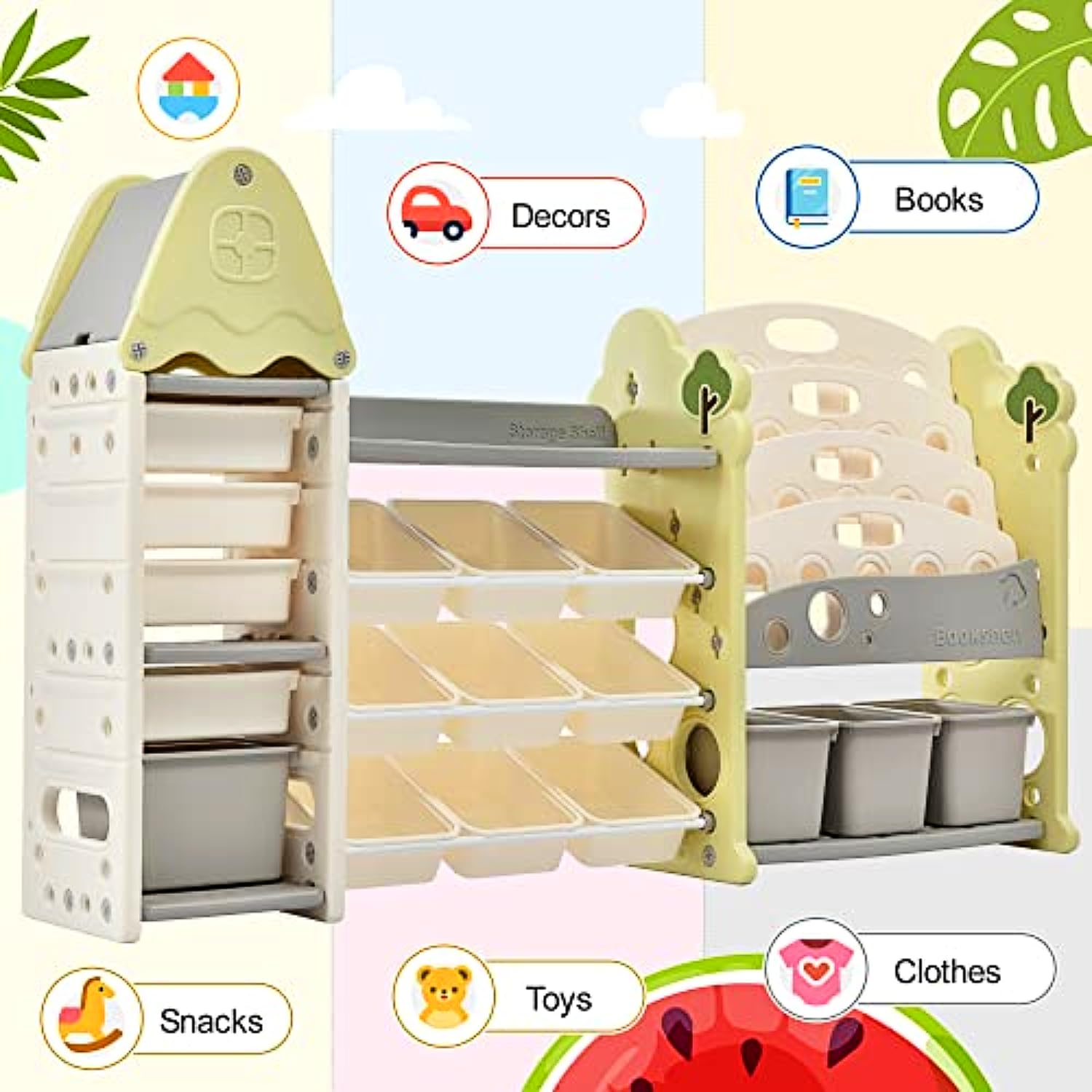 Hukimoyo Large Kids Book Shelf Rack for Home Kids Book Storage with Toy Organiser Bin for Toddlers Baby Toy Storage Organizer Montessor Books Storage Organiser for Kid (185 x 44 x 110cm) - Image 3 thumbnail