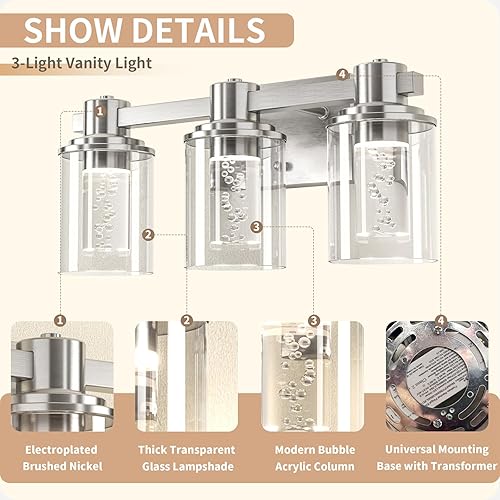 Miniatura 4 de Quntis Lámpara de baño, lámpara de tocador de baño de 3 luces de níquel cepillado, accesorios de iluminación de baño sobre espejo con vidrio de