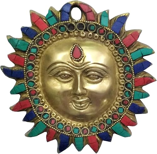 Devyom Brass Idol Sun God Surya Dev colgante de pared con piedras preciosas coloridas (11447)