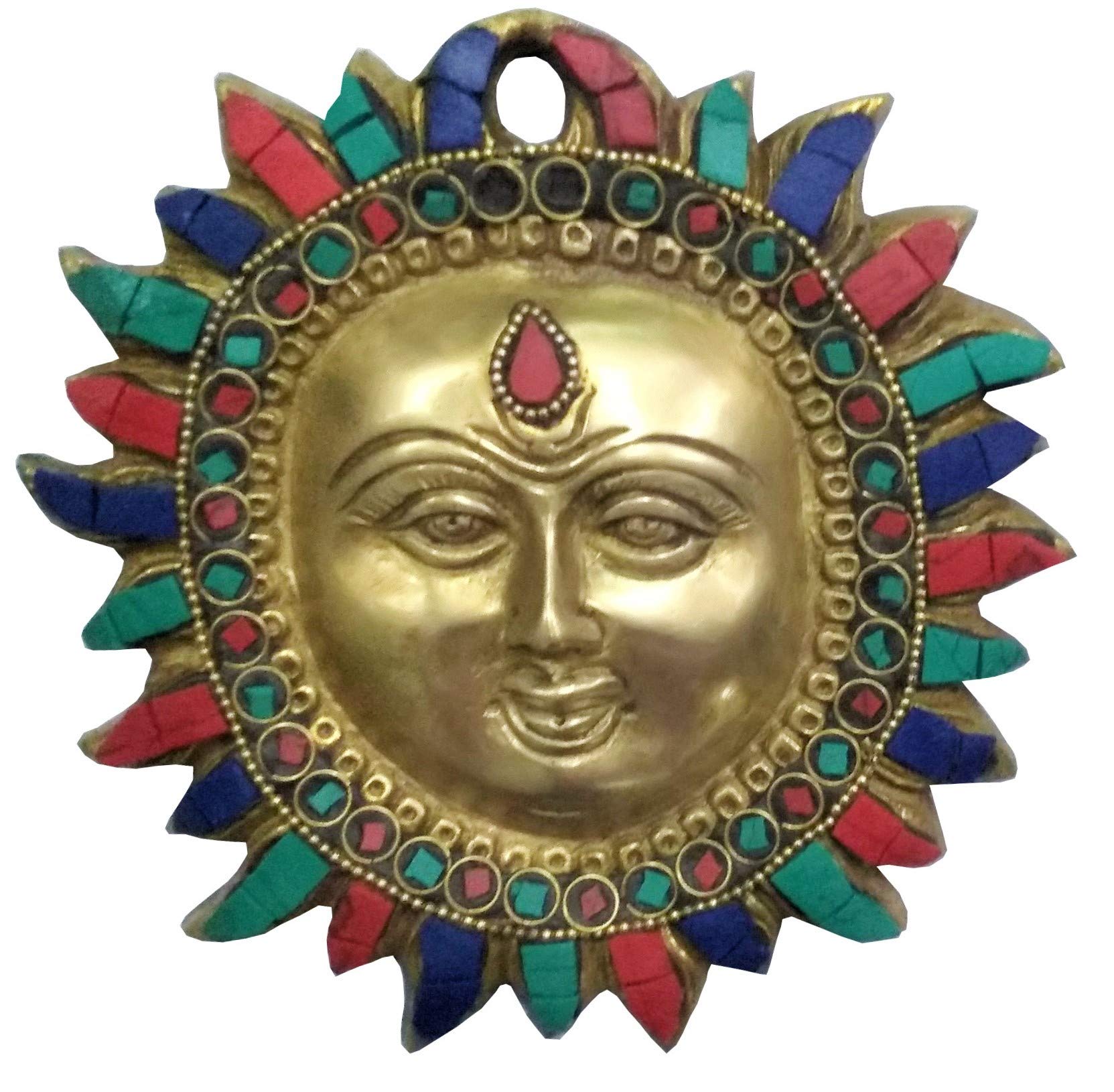 Purpledip Brass Idol Sun God Surya Dev: Wall Hanging with Colorful Gemstones (11447)