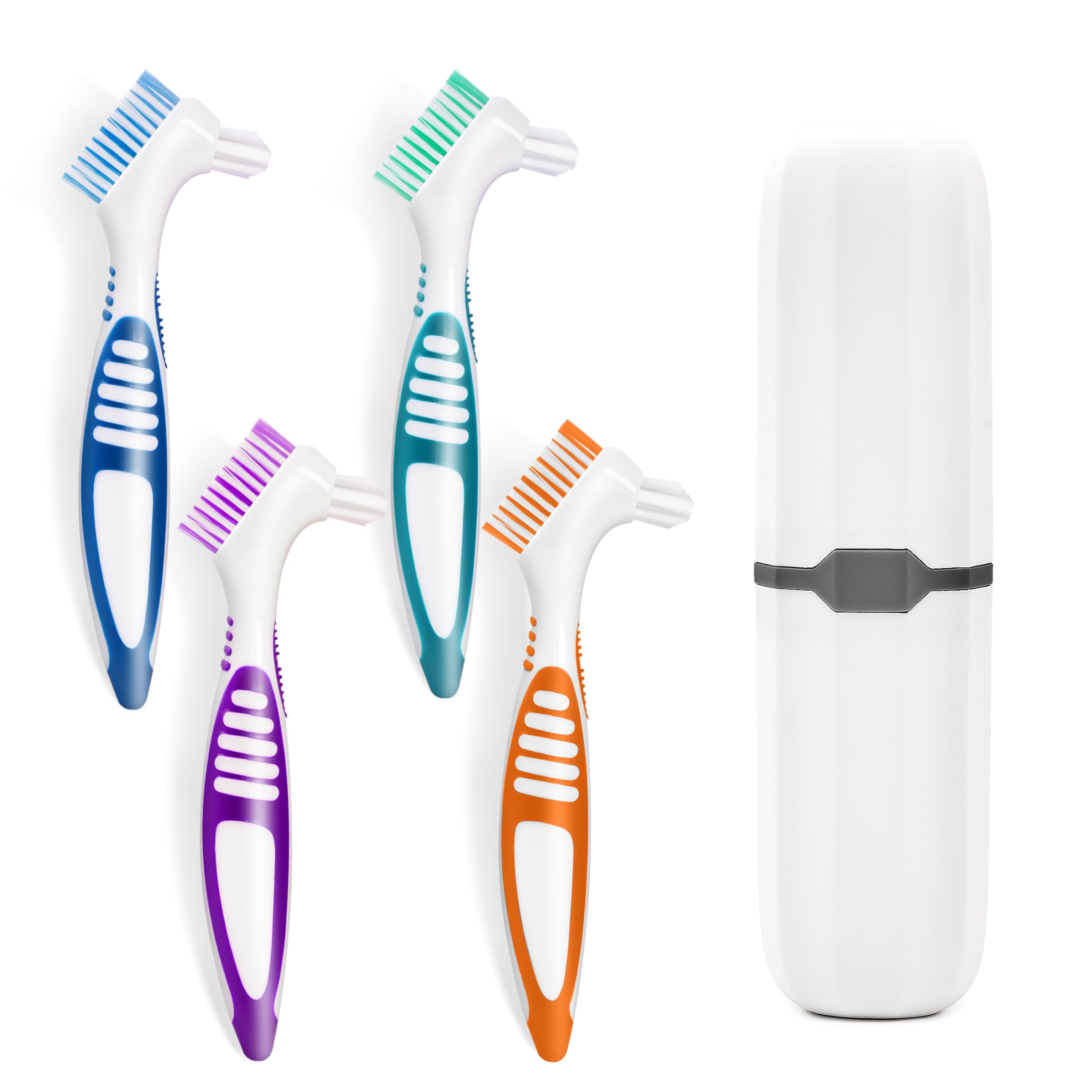 4 Pcs Denture Brush Set for False Teeth with White Carrying Case, Denture Toothbrushes with Double Sided Design, Dental Brush with Multi-Layered Soft Bristles and Rubber Anti-Slip Handle, 4 Colors-image-23