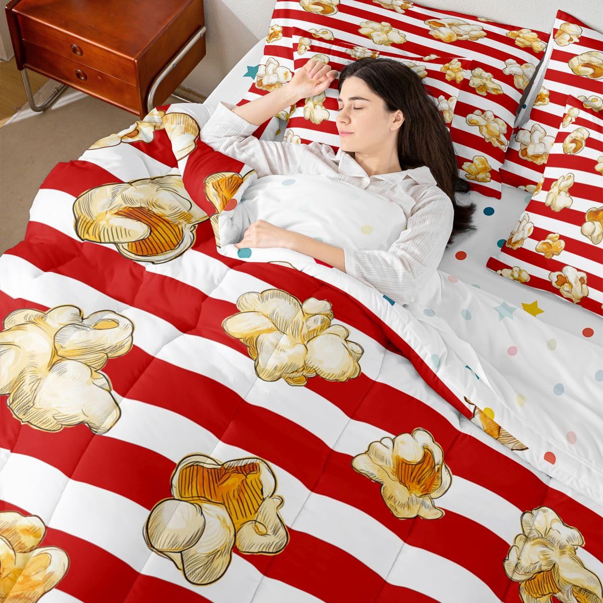 Homemissing Tema del film Piumino Letto con lenzuola 7 pezzi 135x200cm Popcorn Stampa Letto Trapuntato per ragazzi strisce con Piumino Geometric Room Decor