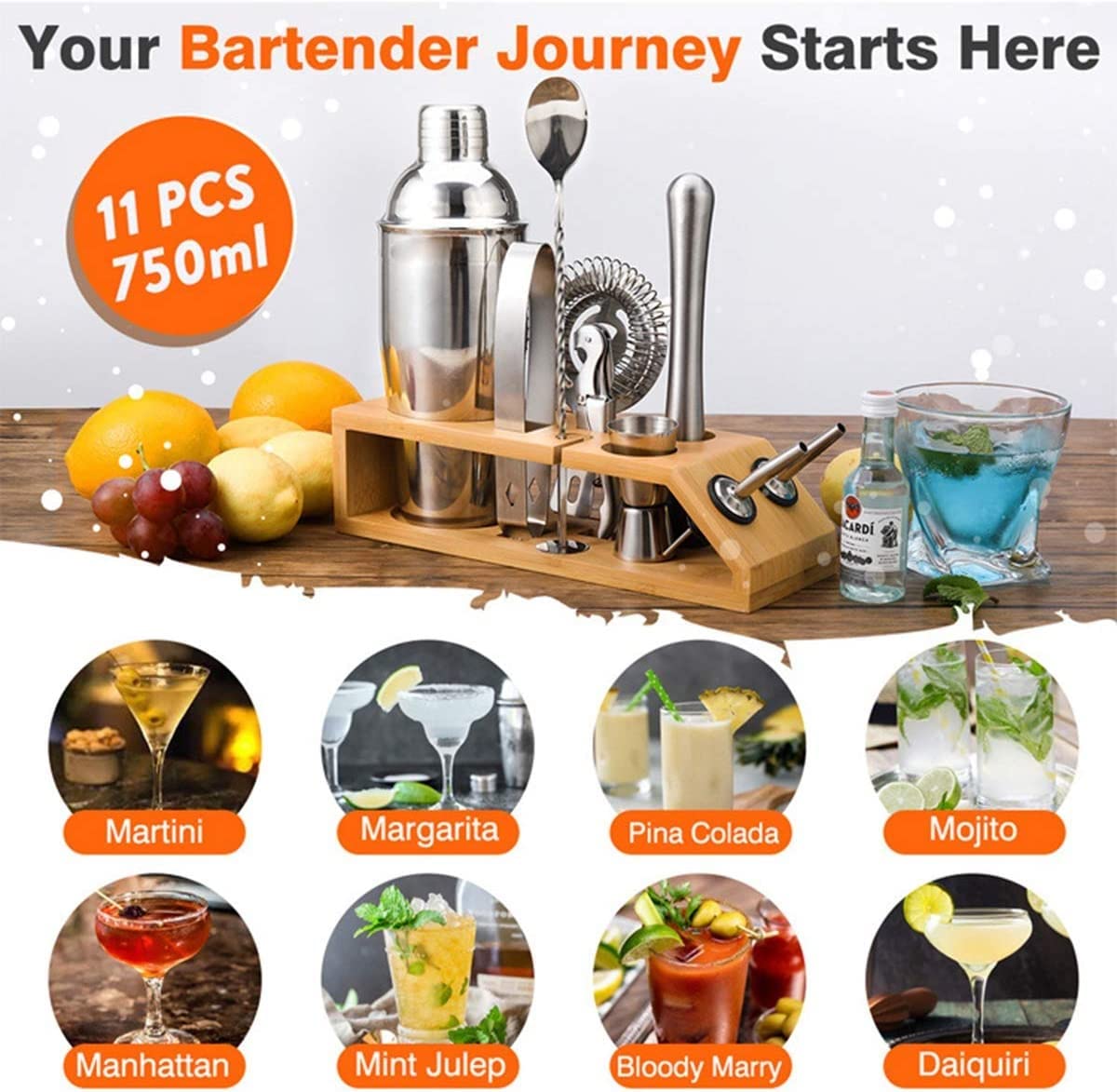 Ensemble de fabrication de cocktails, Shakers à cocktails Party Bar Barman Accessoire essentiel en acier inoxydable Kit Outil avec présentoir en bois Ensemble d'outils de barre for les bars à l