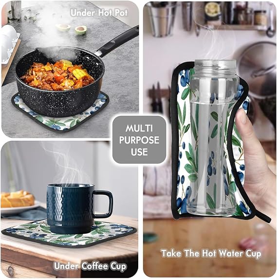 Blueberry Watercolor Painting Oven Mitts and Pot Holders BBQ Gloves, Heat Resistant Kitchen Oven Gloves Hot Pads for Cooking Baking Grilling