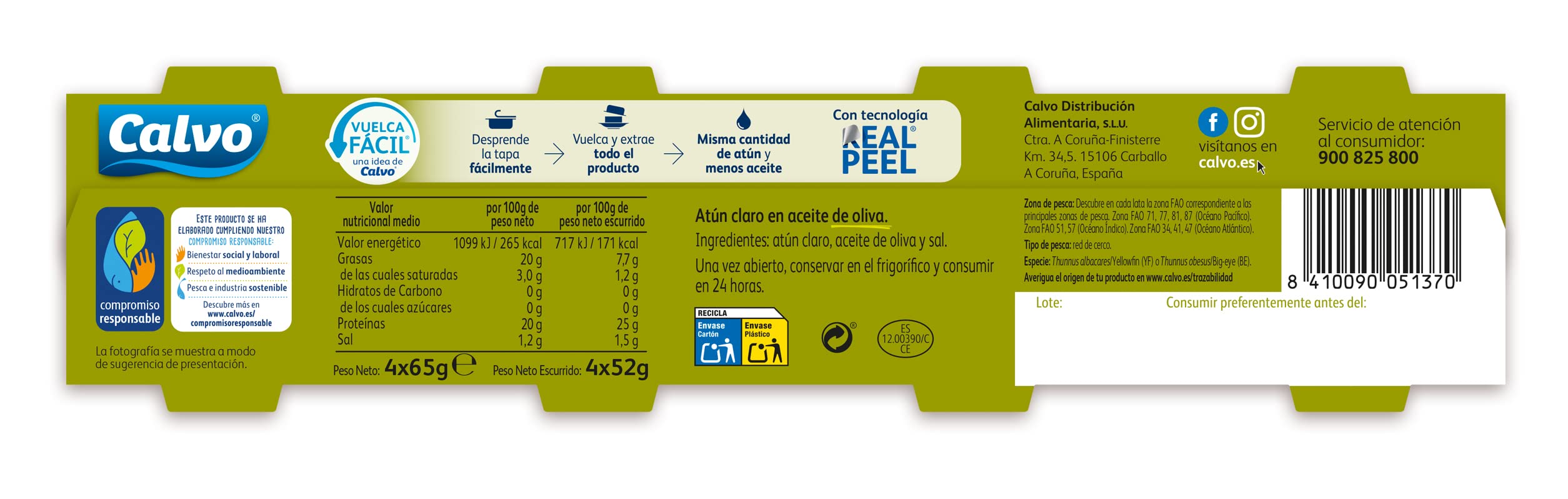 Calvo Atún Claro en Aceite de Oliva Pack de 3+1, 260g - 2