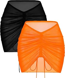 2 Pieces Women Beach Sheer Cover Ups Mesh Bikini Wrap Ruched Skirt for Swimwear S-XXL