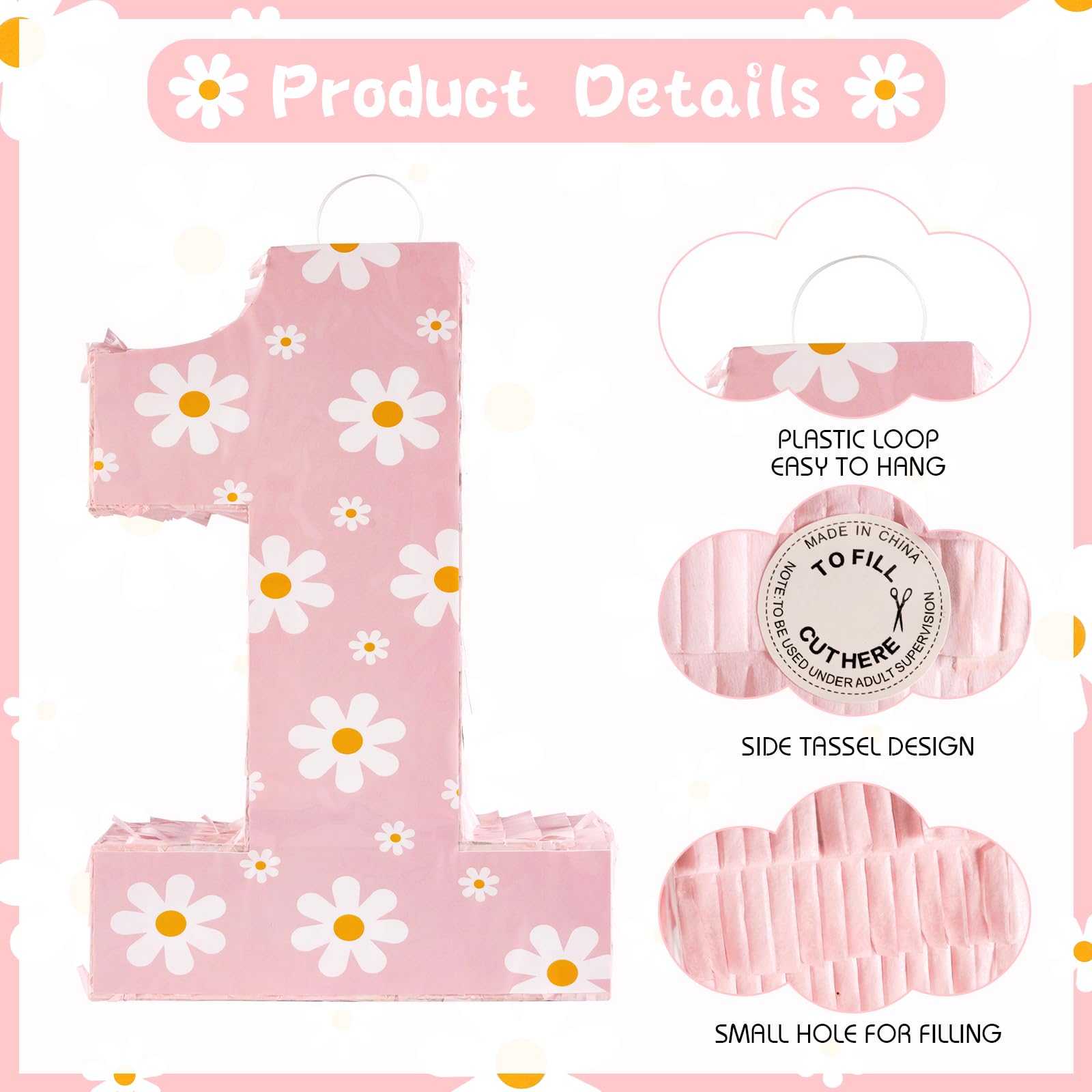 Décorations d'anniversaire en forme de marguerite – Piñata chiffre 1 avec bâton pour les yeux – Confetti pour les yeux – Fournitures de fête d'anniversaire bohème (marguerite 1)