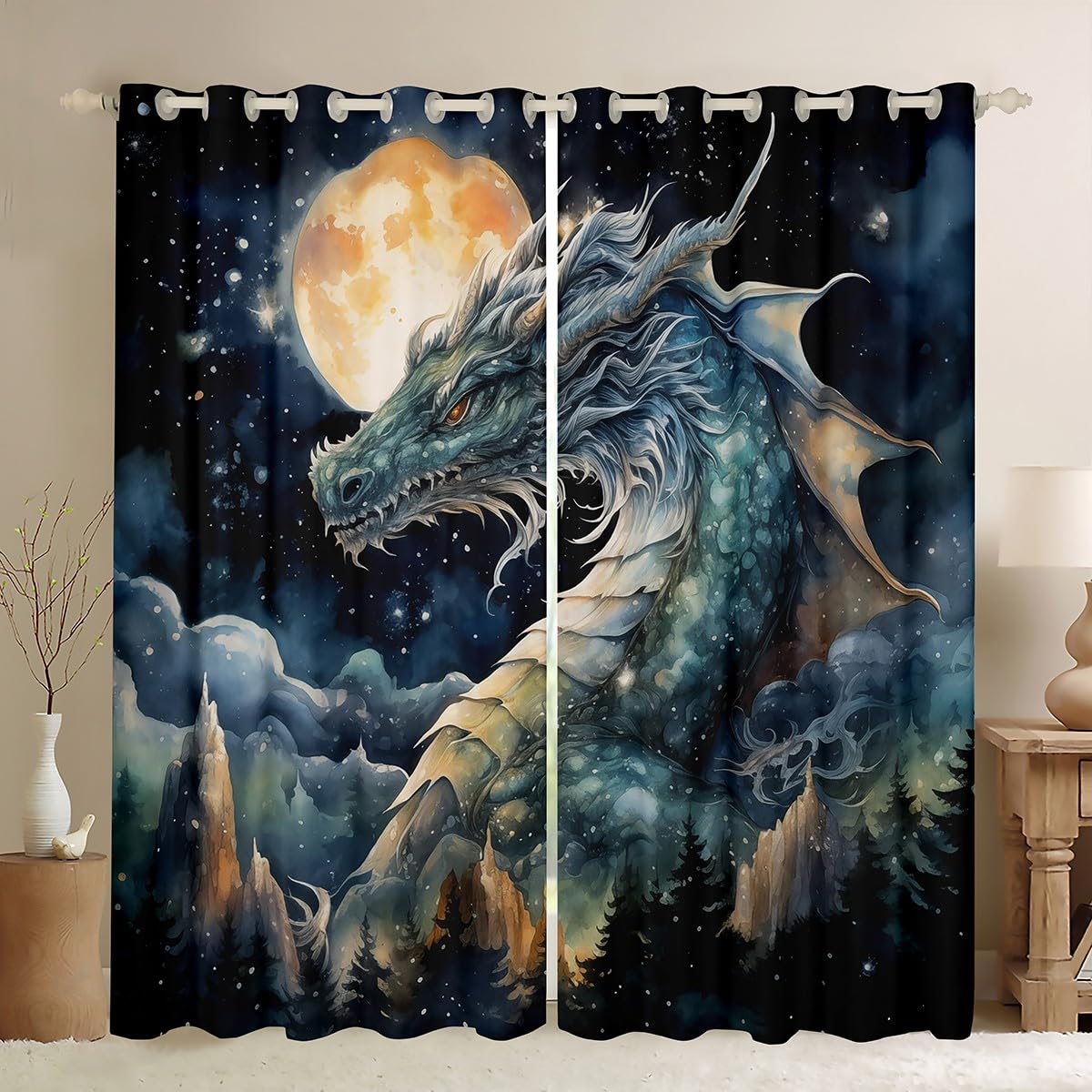 Homemissing Dragon Window Drapes Moon Starry Sky Curtains for Kids Boys Girls Jungle Animals Dragon Window Drapes Treatments Safari Wildlife Animals Window Treatments,W66*L90,2 Panels