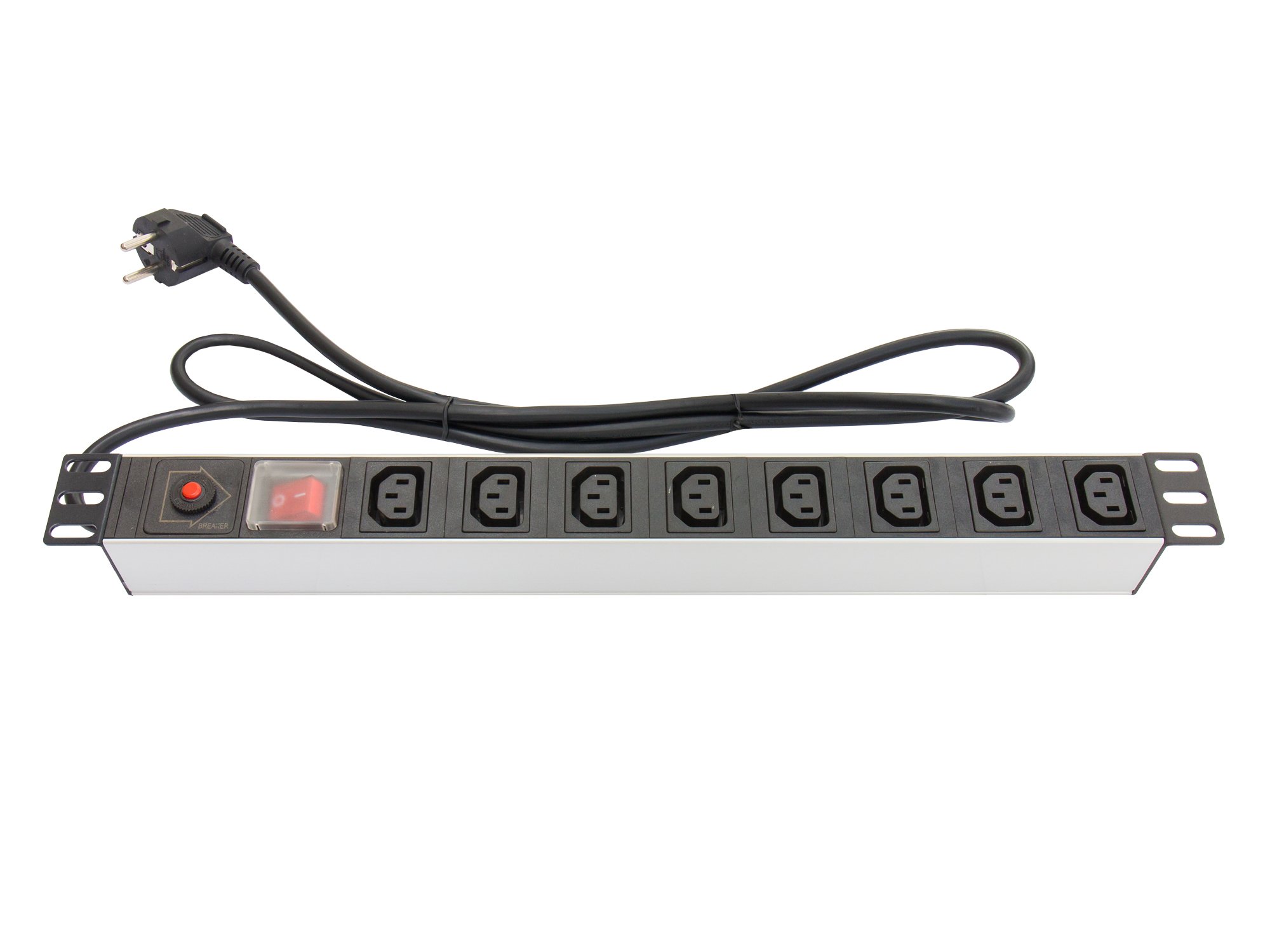 Good Connections® Steckdosenleiste 19" (1HE) - Schutzkontakt-Stecker an 8x C13 Kaltgeräte-Buchse (10A) -Schalter, ÜSS - Aluminium-Profil - silber