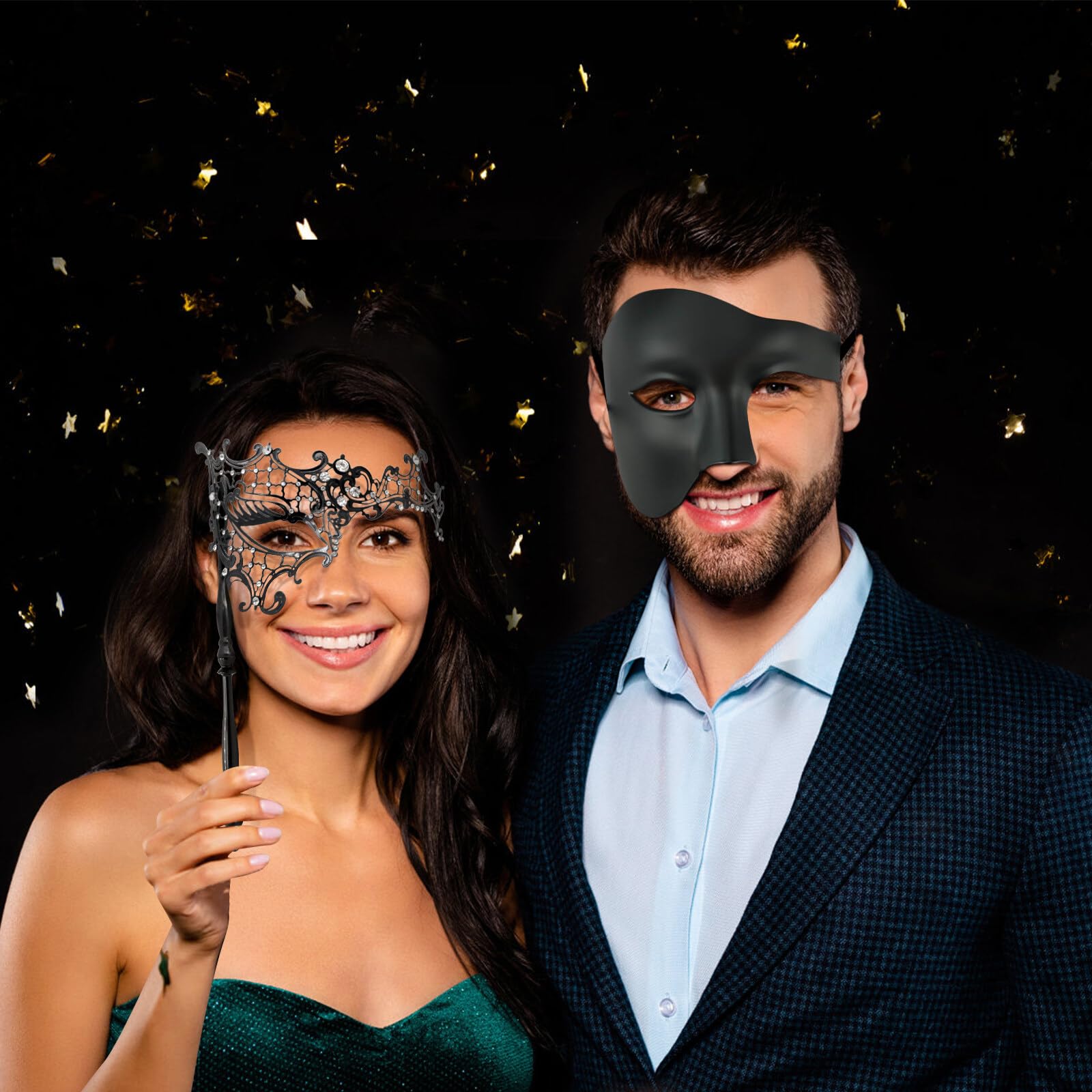 Thmyo Lot de masques vénitiens pour couple avec bâton de maintien, masque de fête vénitien pour homme et femme