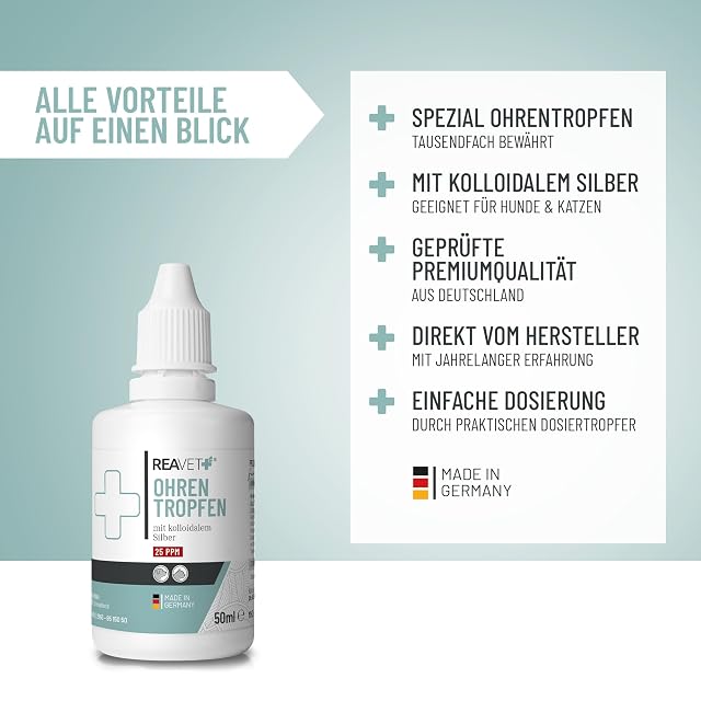Foto 2 de 6 de ReaVET Gotas para los oídos muy bien toleradas para perros y gatos, 50 ml, con plata coloidal y aloe vera