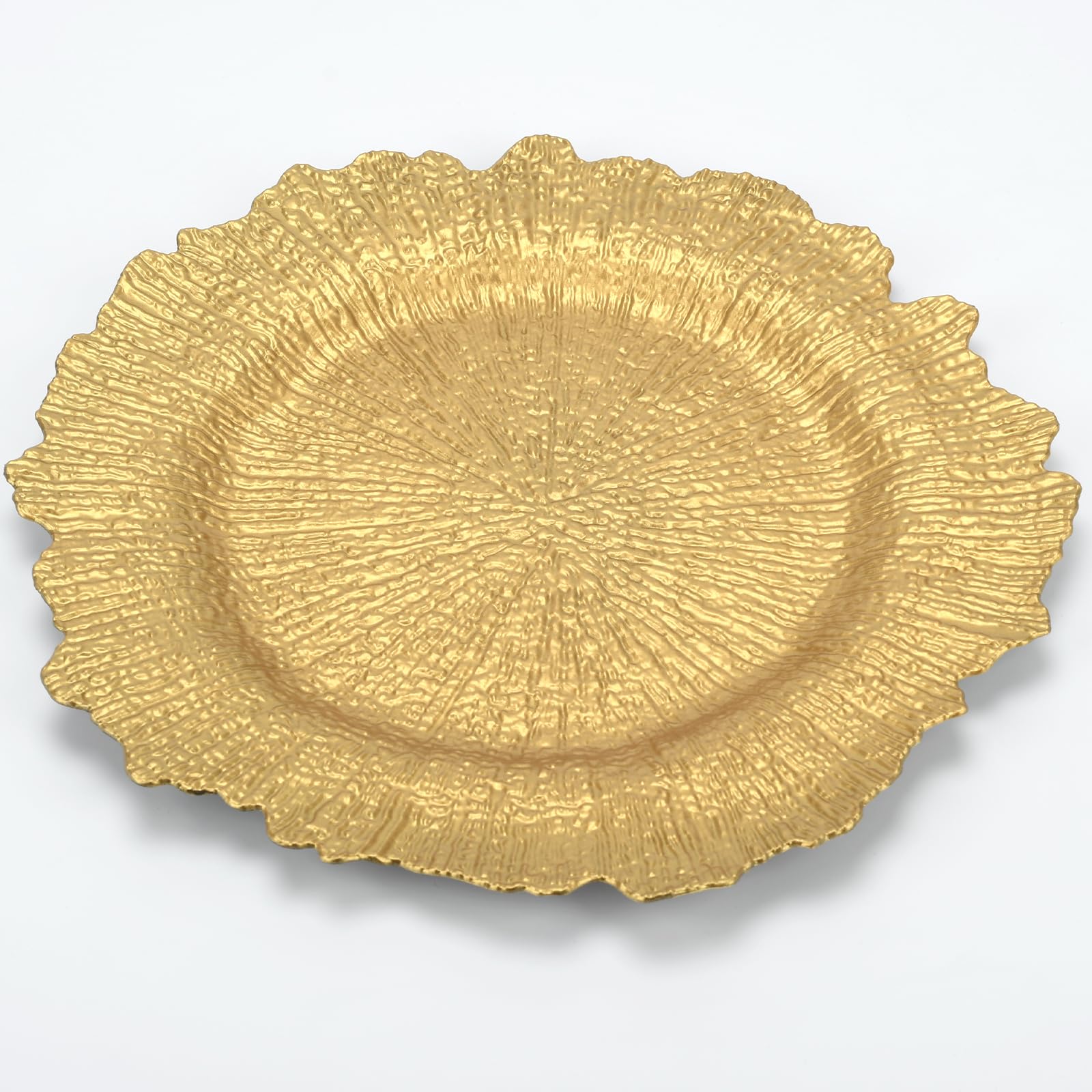 Lot de 12 assiettes de présentation dorées de 33 cm, motif récif rond, en plastique, pour assiettes plates, décoration de mariage, décoration de table (irrégulière)