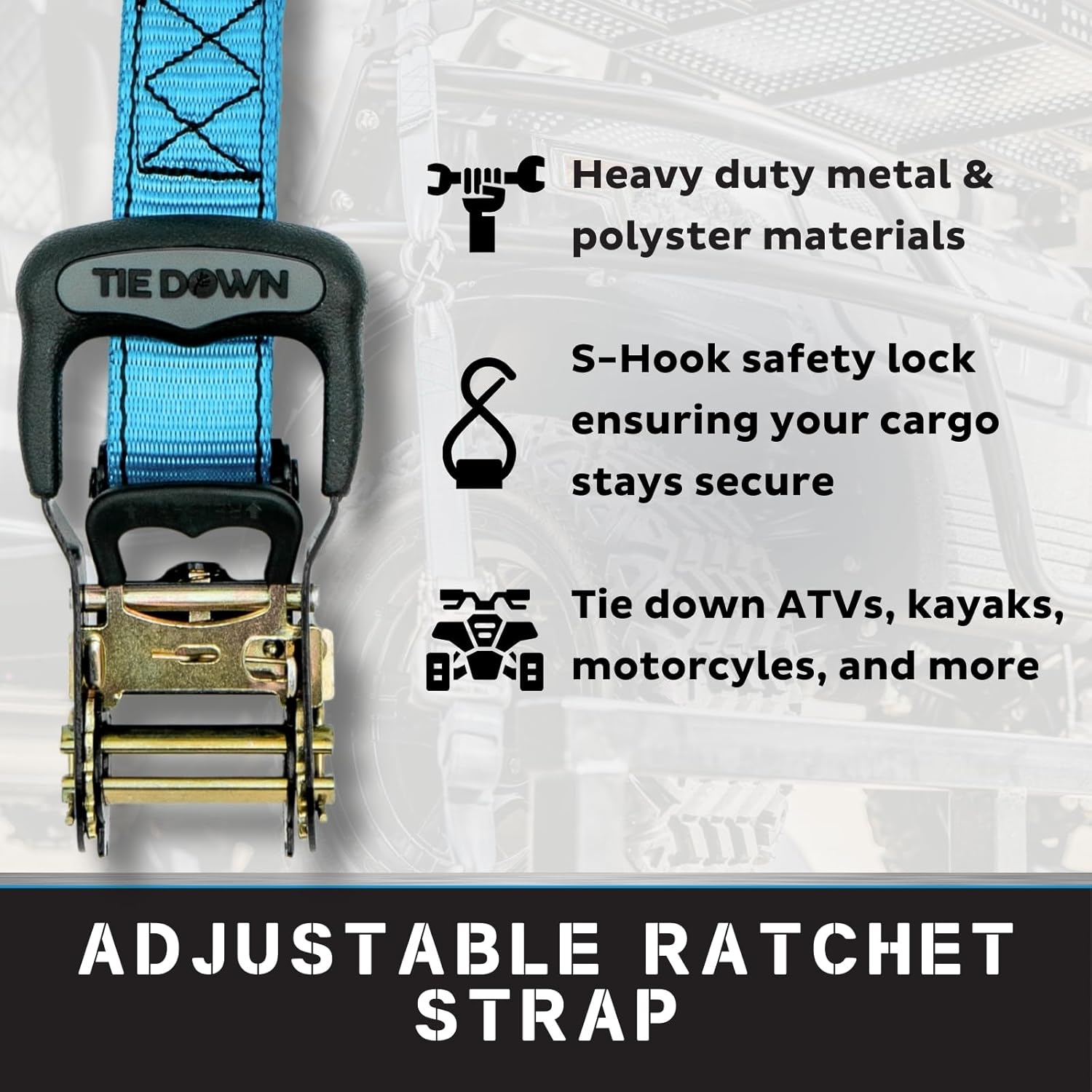 Tie Down 1.5 inch x 8 ft Blue Heavy Duty Ratchet Strap, 4-Pack Kit - 5208 lbs. Breaking Load Limit - Image 7
