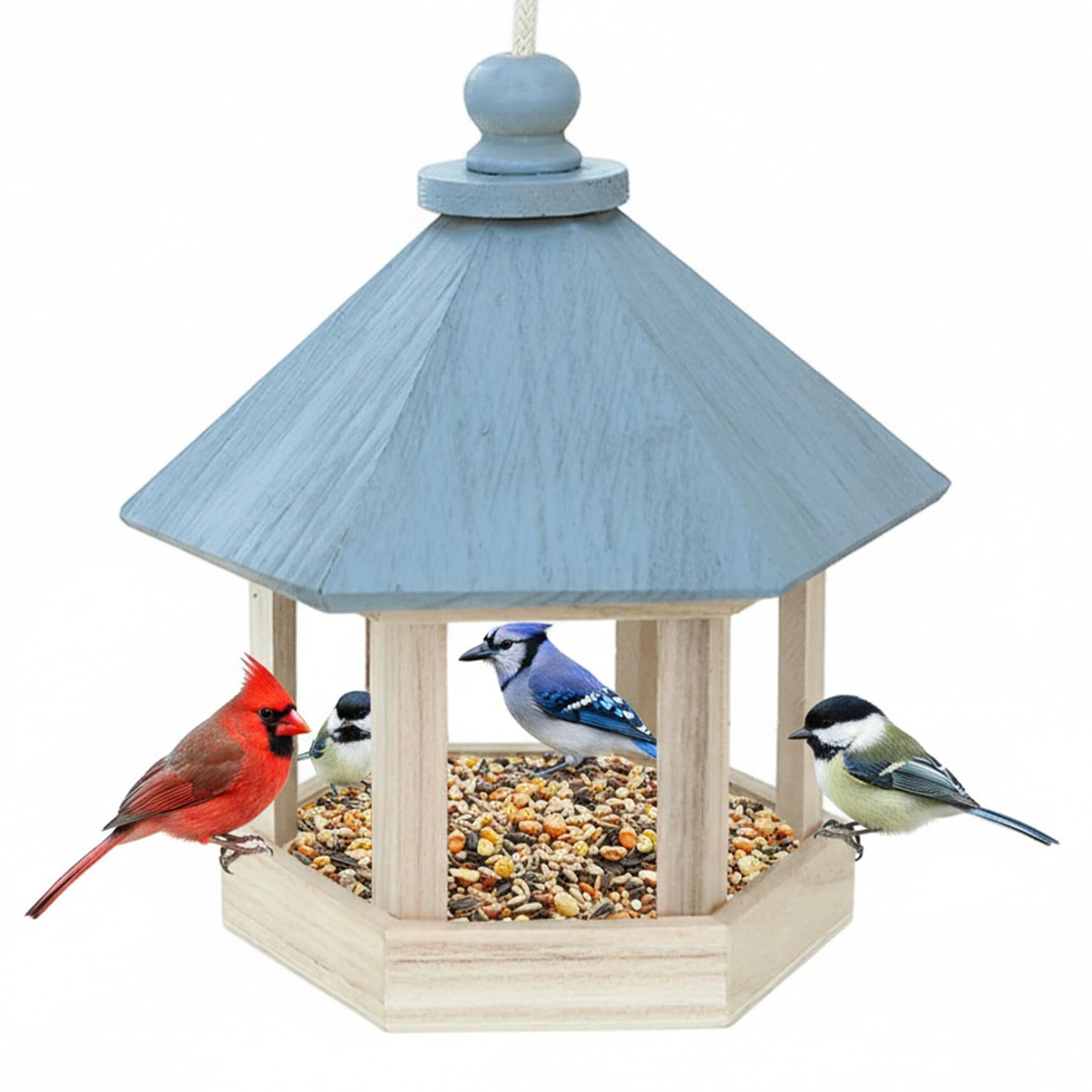 Wooden Bird Feeder, Hanging Wood Pavilion Shaped Bird Stand with Roof Fun & Protective for Outdoor Indoor Wood Feeders