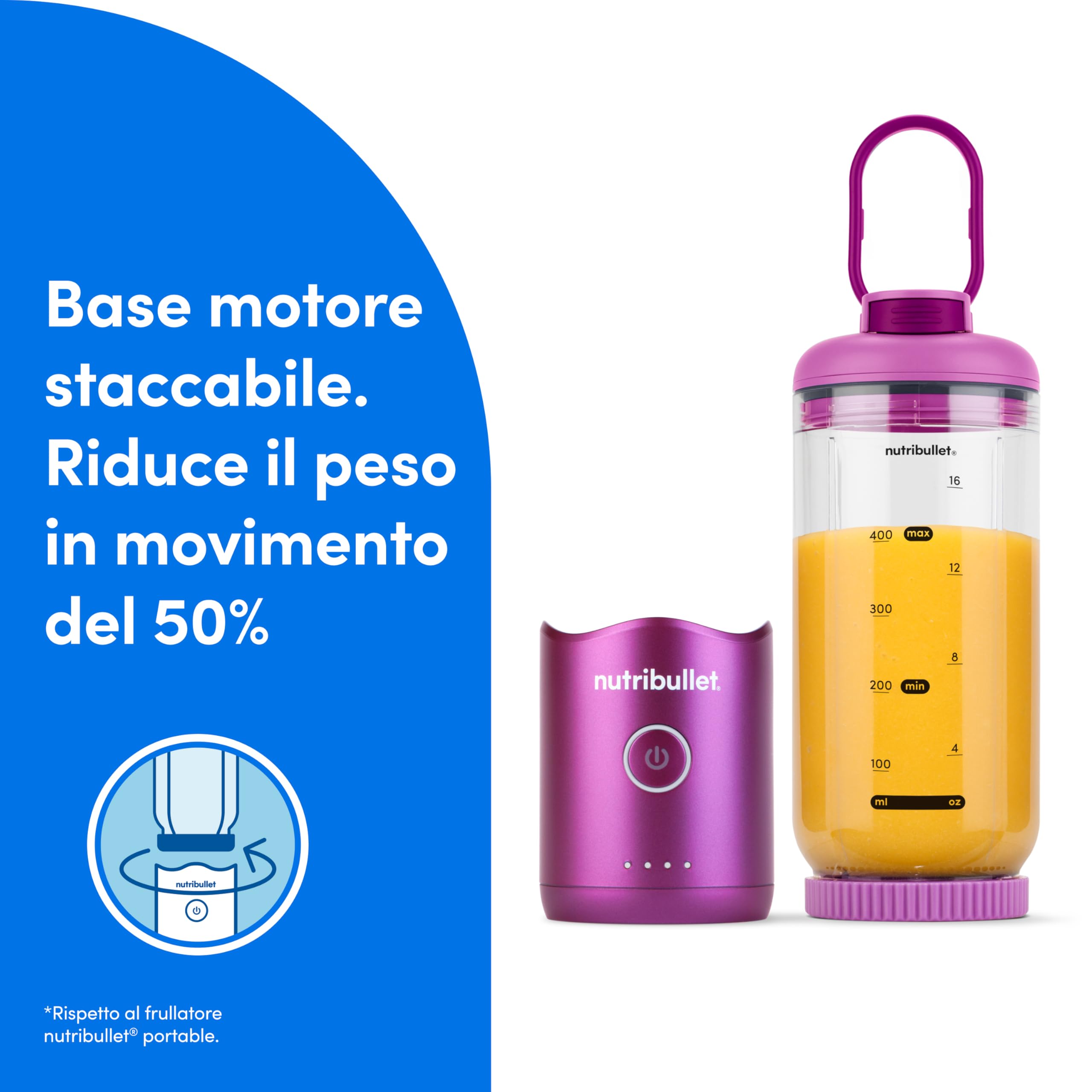 nutribullet Flex 590ml Mini Frullatore Portatile senza fili, Ricaricabile, con Manico e Tappo a Beccuccio, Tritatutto, per Smoothies e Frullati, Trita Ghiaccio e Frutta Congelata, Viola (NBP013VT)
