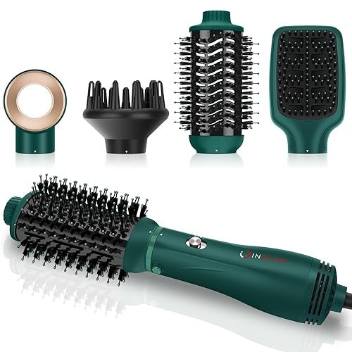 IG INGLAM Hair Dryer Brush, 4-in-1 Detachable Blow Dryer Brush, Ionic Diffuser Hair Dryer & Styler Volumizer with Oval Titanium Barrel, One-Step Hot Air Blowout Styler, Dark Green - Dark Green