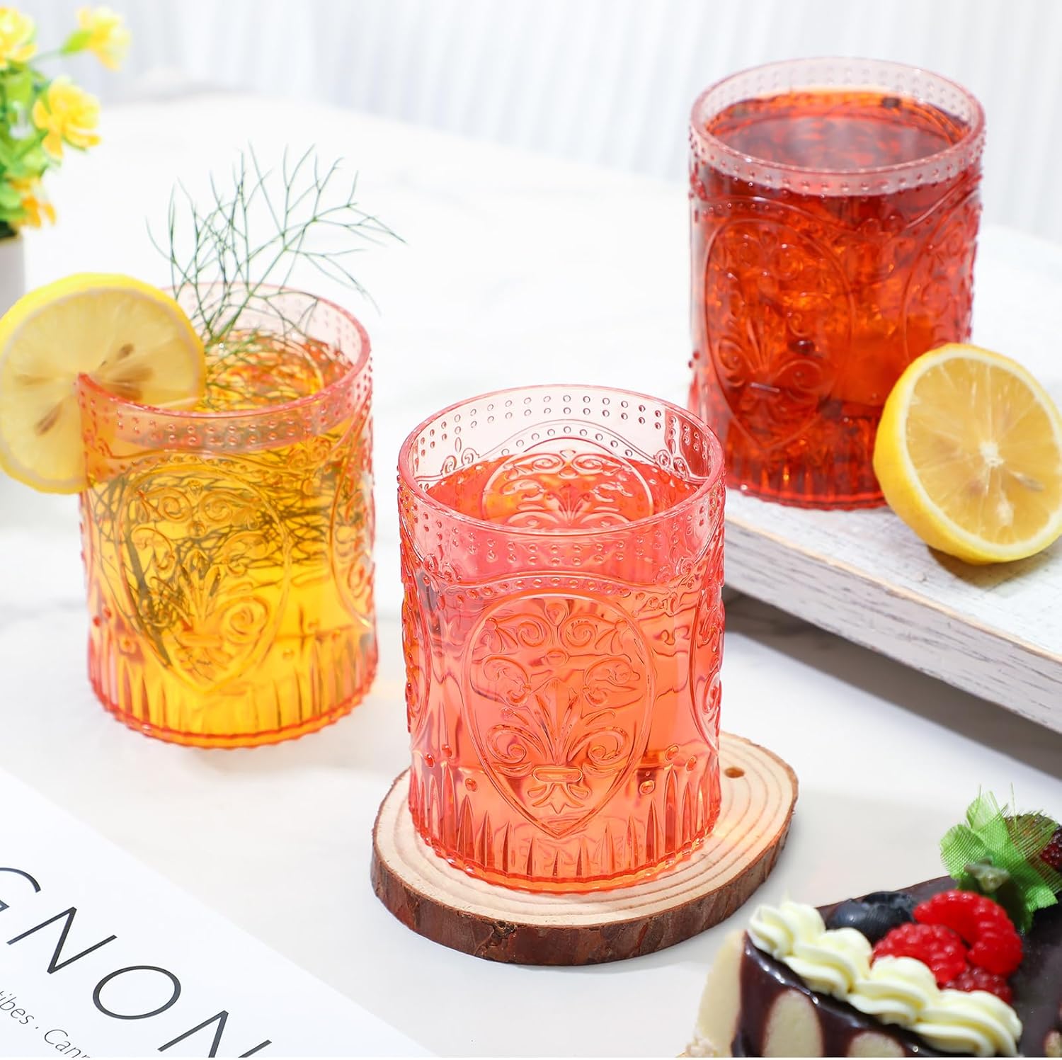 Qinyoung 12 Plastic Vintage Drinking Glasses 8.5oz Stemless Retro Embossed Wine Glasses Shatterproof Reusable Cups for Baby Shower Wedding Reception Grand Event Party (Pink) - Image 6