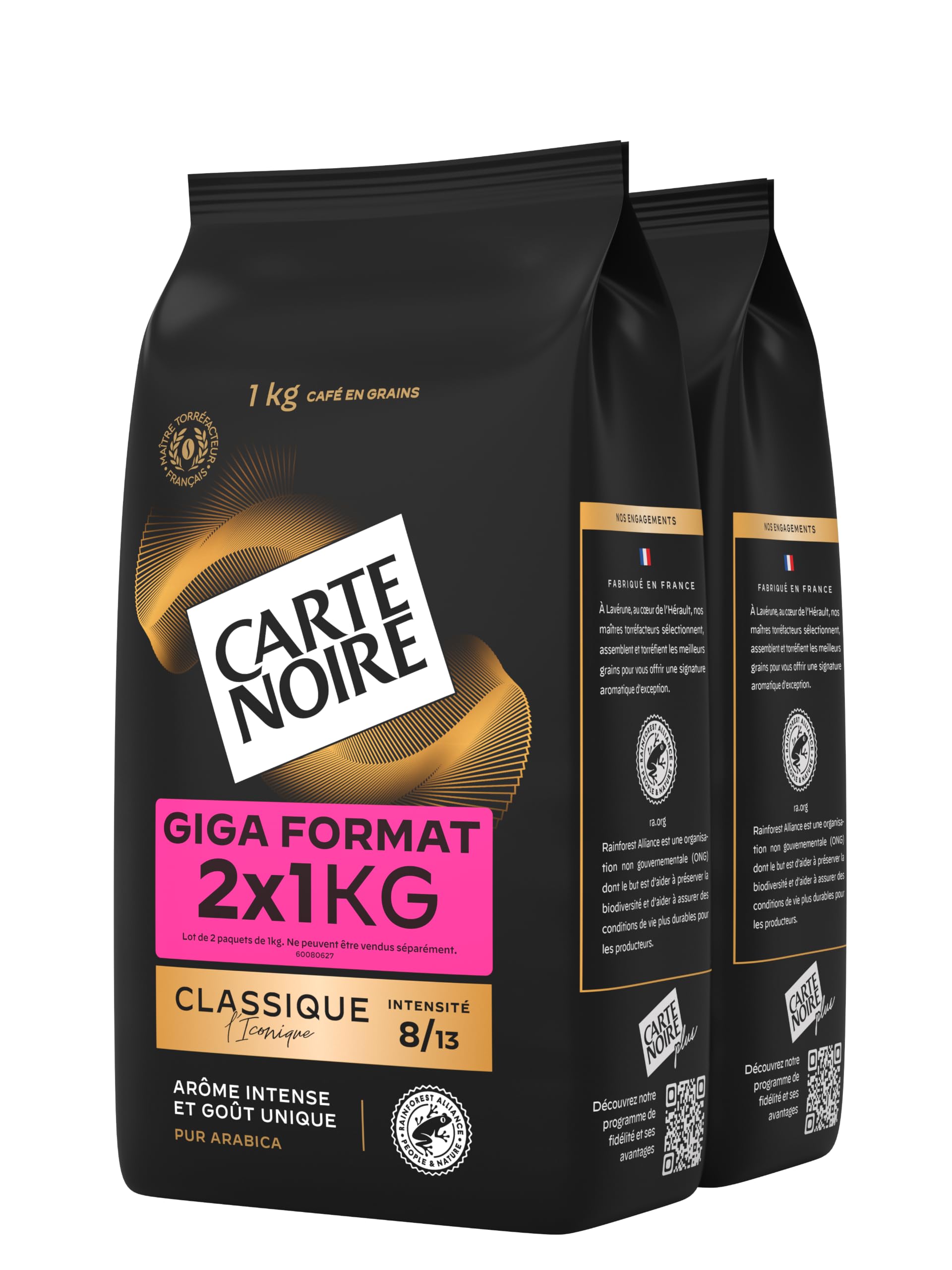 CARTE NOIRE - Café Grain Classique - Intensité 7-2 Paquets de 1 kg