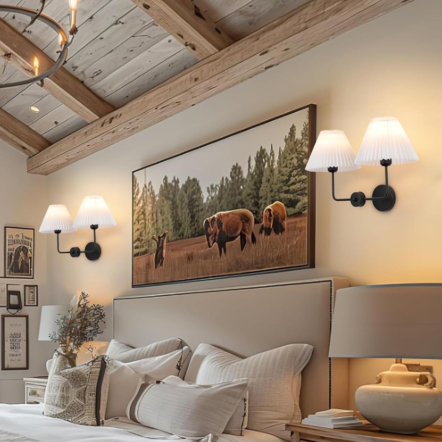 Double Light Battery Operated Wireless Wall Sconces with White Pleated Fabric lampshade, 2-Light Antique Brass Sconce for Bathroom Vanity Hallway Stairway Living Room (Gold ＆ Black)