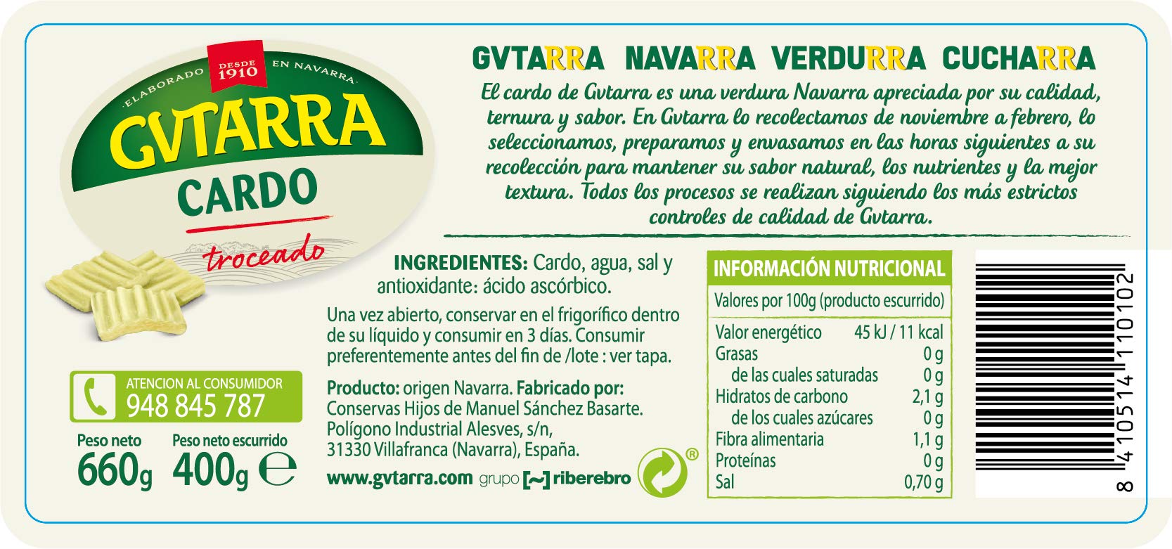 Gvtarra Cardo Verdura - Paquete de 6 x 400 Gramos