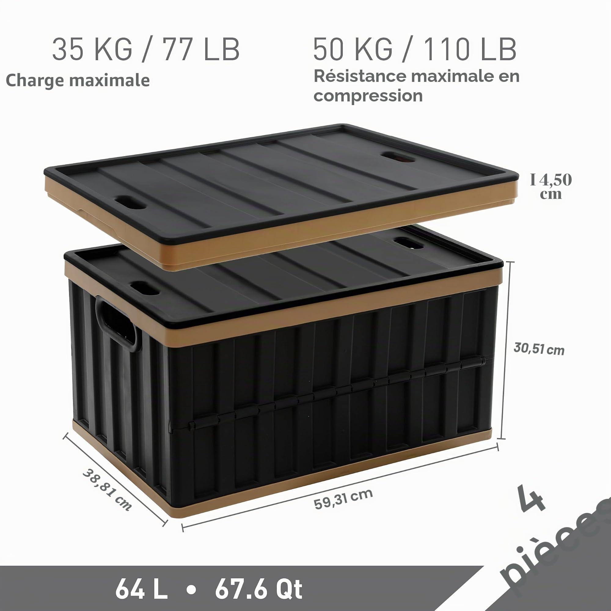 Citylife Lot de 4 Boîte rangement empilable en plastique de 64 L, avec couvercle, boite pliantes Pour usage domestique, camping en plein air, bureau, garage, rangement d'outils, noir