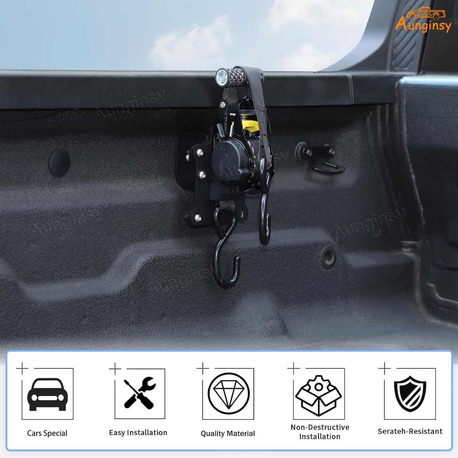 Aunginsy 2PCS Retractable Ratchet Straps Compatible with Ford Maverick 2022-2025 Accessories, Heavy Duty Truck Bed Luggage Cargo Auto Bed Mount Bolt on Securing Self Retracting Tie Down Strap System