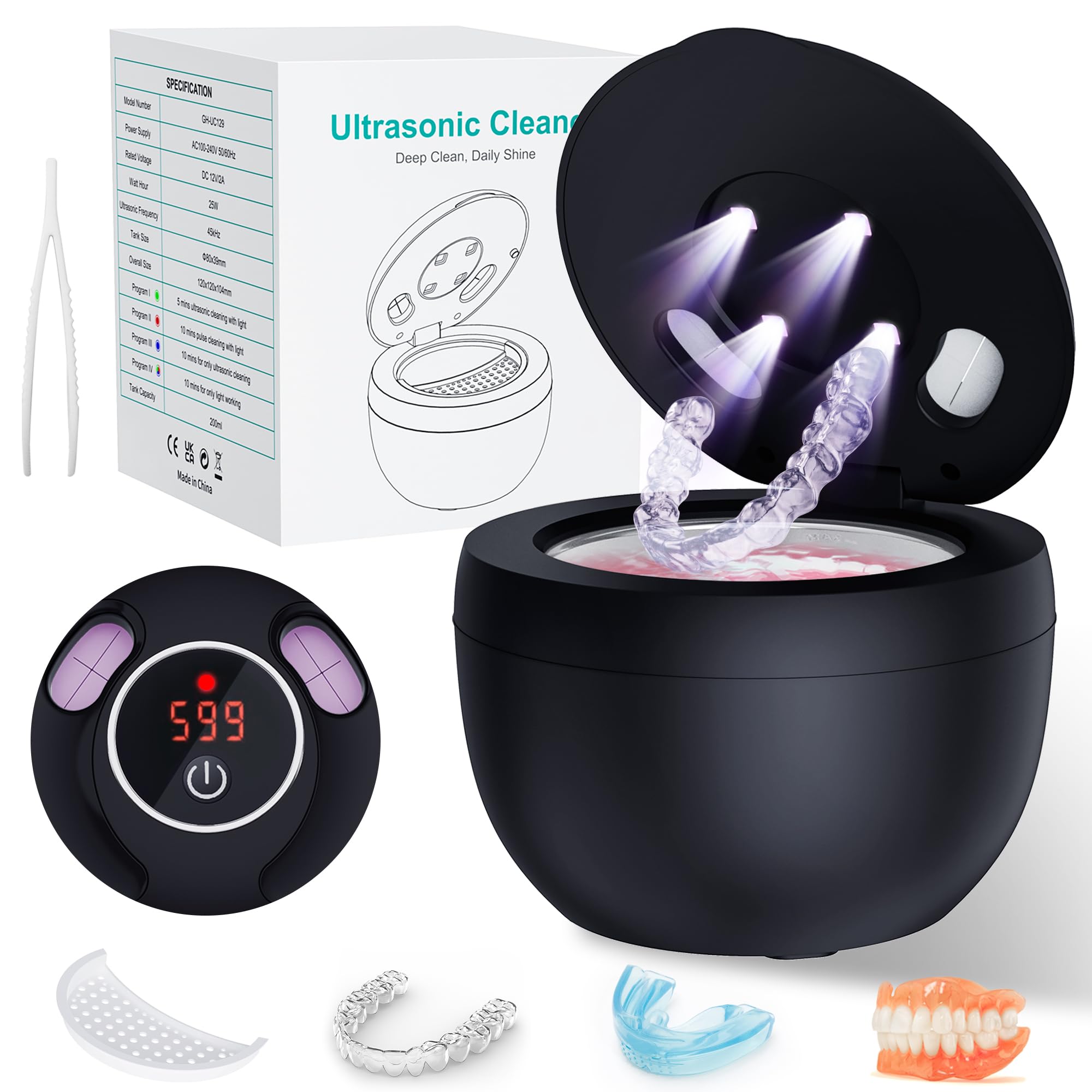 Nettoyeur Ultrasons Appareils Dentaires 45kHz Bac Ultrasons UV Lampe INOX 304 Ultrasonic Cleaner 200ML