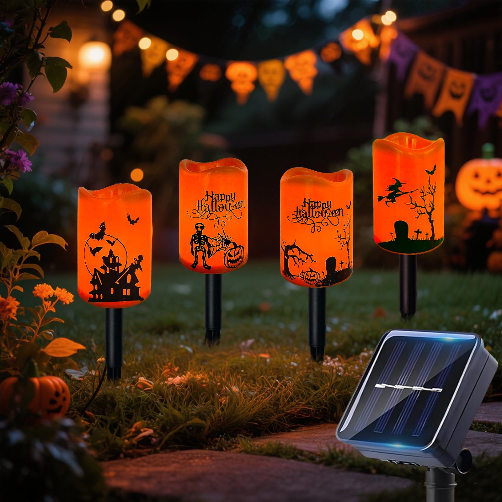 Lot De 5 Guirlandes Lumineuses Solaires En Forme De Citrouille D'Halloween - Tête De Mort Fantôme - Piquets De Jardin Pour Cour, Pelouse, Terrasse, Fête, Décoration De Fête - Type 5