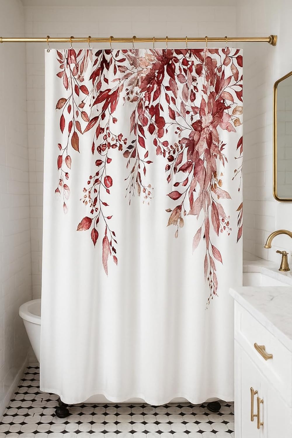 Red Eucalyptus Waterproof Fabric Shower Curtain Set, Washable Cloth Liner Curtain with 12 Plastic Hooks 3D Printed Bathroom Shower Curtains Rust Resistant Grommets Machine Washable Reusable 72”x72”