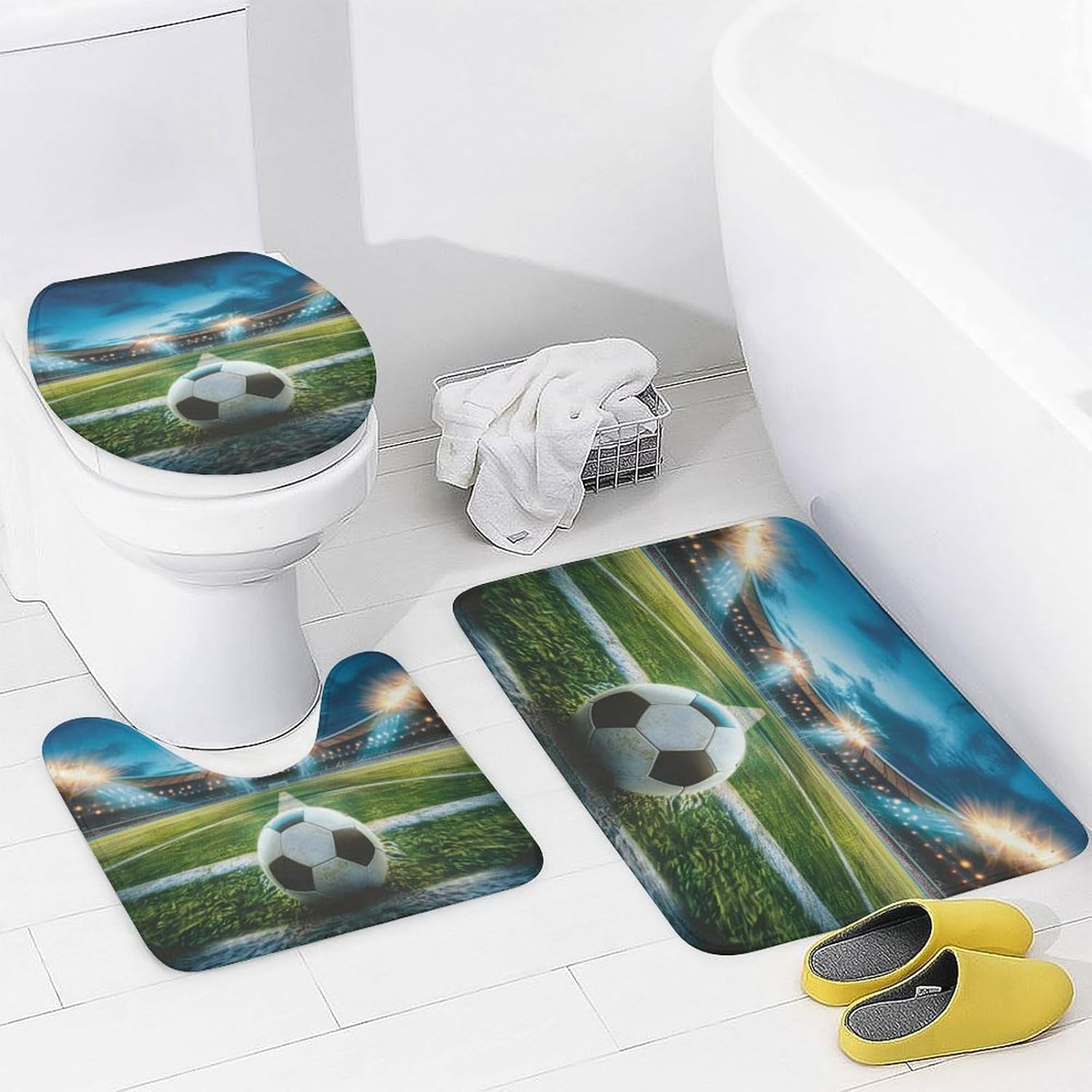 4Pcs Light Soccer Ball Shower Curtain Sets, Bathroom Decor Set with Rugs, Bath Mat Sport Stadium Football Shower Curtain, 72 X 72 Inch image 4