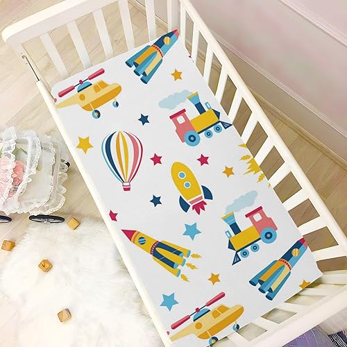 Miniatura 2 de Pfrewn Crib Sheets for Boys Girls Car Train Helicopter Fitted Crib Sheet Fits Standard Crib Mattress Pads Colorful Transport Stretch Soft Toddler