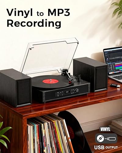 Miniatura 9 de Reproductor de discos de vinilo con 4+2 altavoces estéreo externos Bluetooth, tocadiscos de 3 velocidades con correa para discos de vinilo, dos