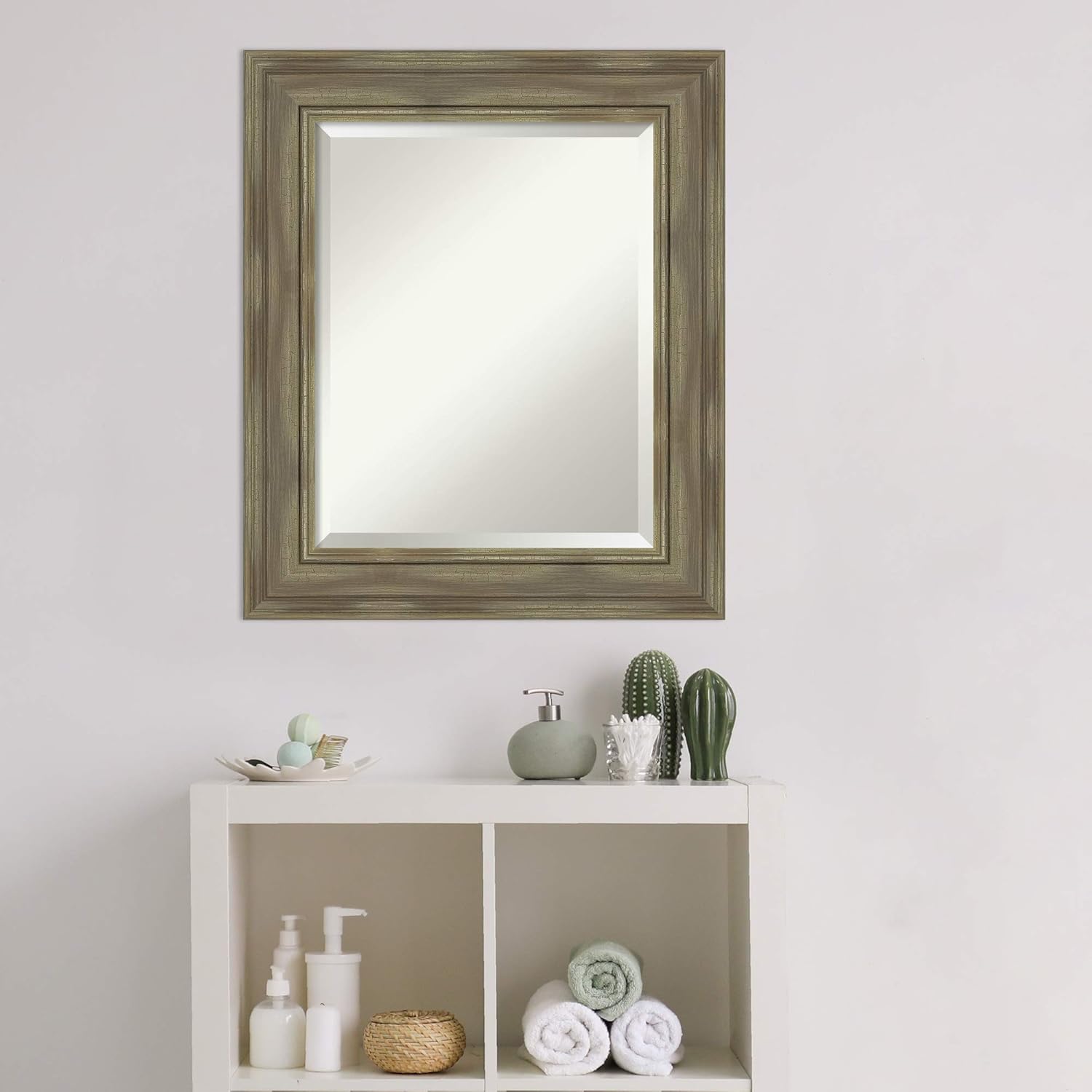Amanti Art Grey Bathroom Mirror for Over Sink, 26x22 Alexandria Greywash Rectangle Vanity Mirror, Small Country Rustic Wood Frame, Hangs Horizonally and Vertically, Bathroom Wall Decor, Beveled Edge