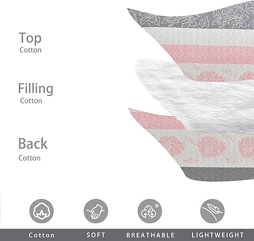 Miniatura 5 de Homzard Juego de edredón de algodón rosa Queen, juego de ropa de cama rosa, blanco, gris, colcha con patrón floral a rayas (90 x 98 pulgadas), 3