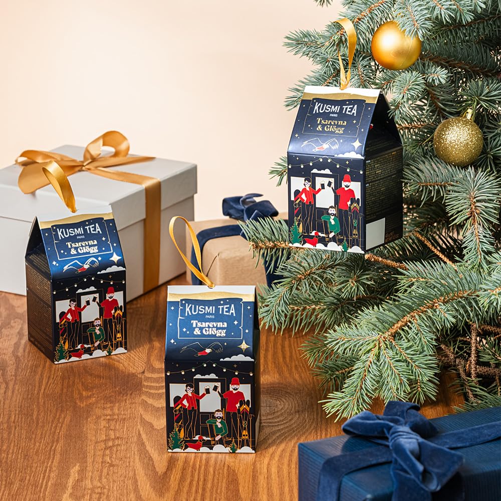 Kusmi Tea - Mini Caja de Regalo - 2 Miniaturas de Té Orgánico Tsarevna y Glögg - 45g - Ideas de regalo para hombres y mujeres - Cinta para colgar en el árbol