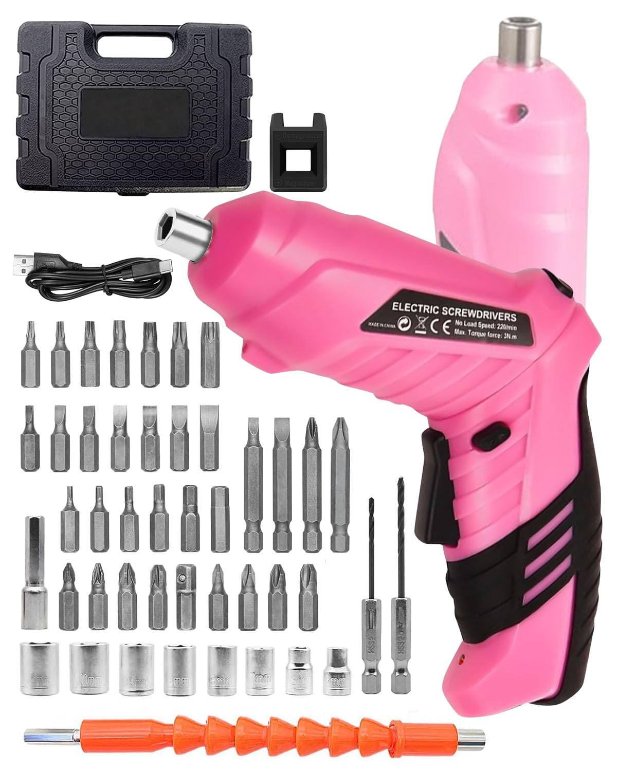KALAHOL 50 Piece Electric Screwdrivers Cordless, 1300mAh Cordless Screwdriver Rechargeable, 3.6V Rotatable 90 Degrees Electric Screwdriver Set for Home DIY, Pink
