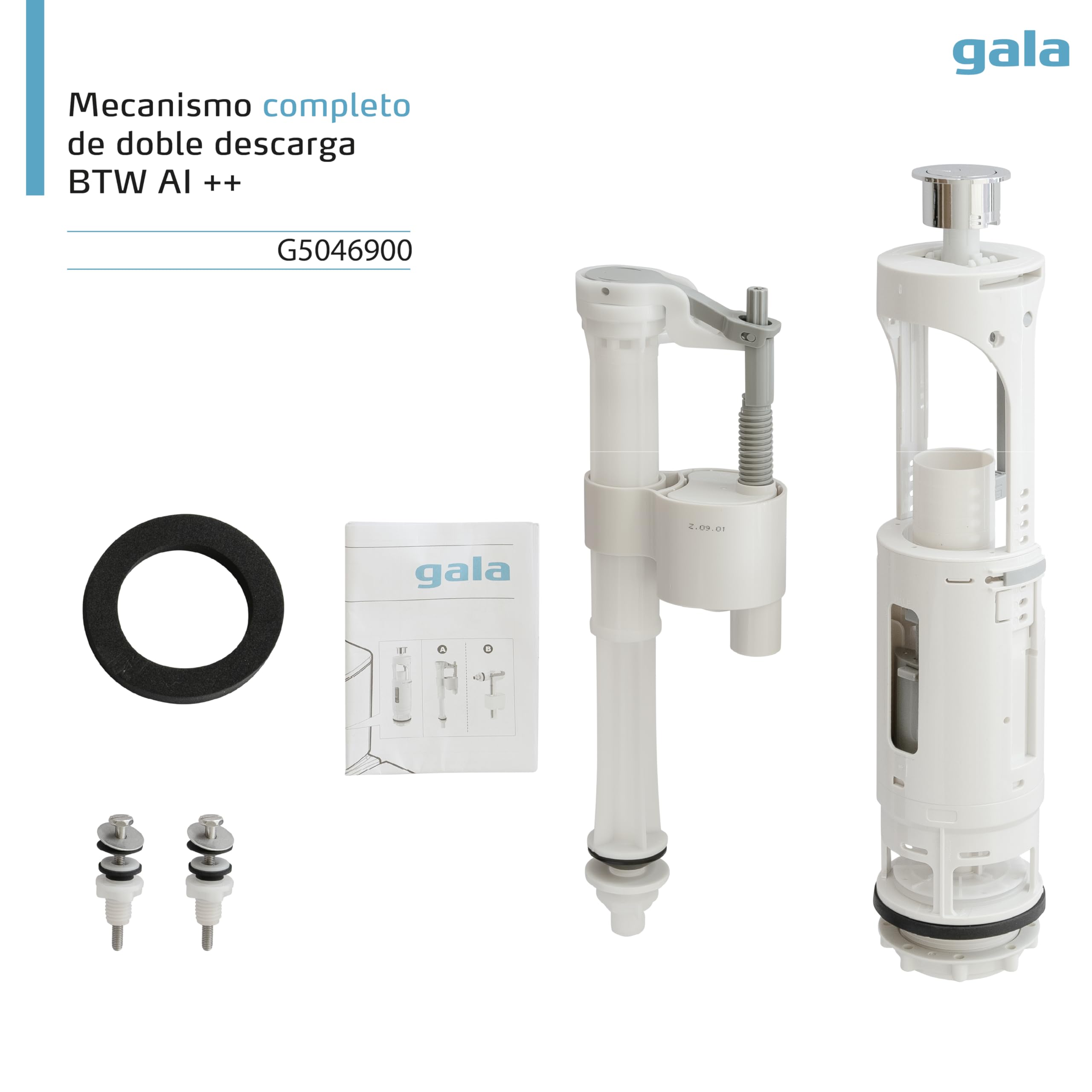 Gala Mecanismo G5046900– Mecanismo completo de doble descarga Alimentación inferior++ BTW. Compatible con inodoros Gala BTW y de otras marcas. Fácil instalación