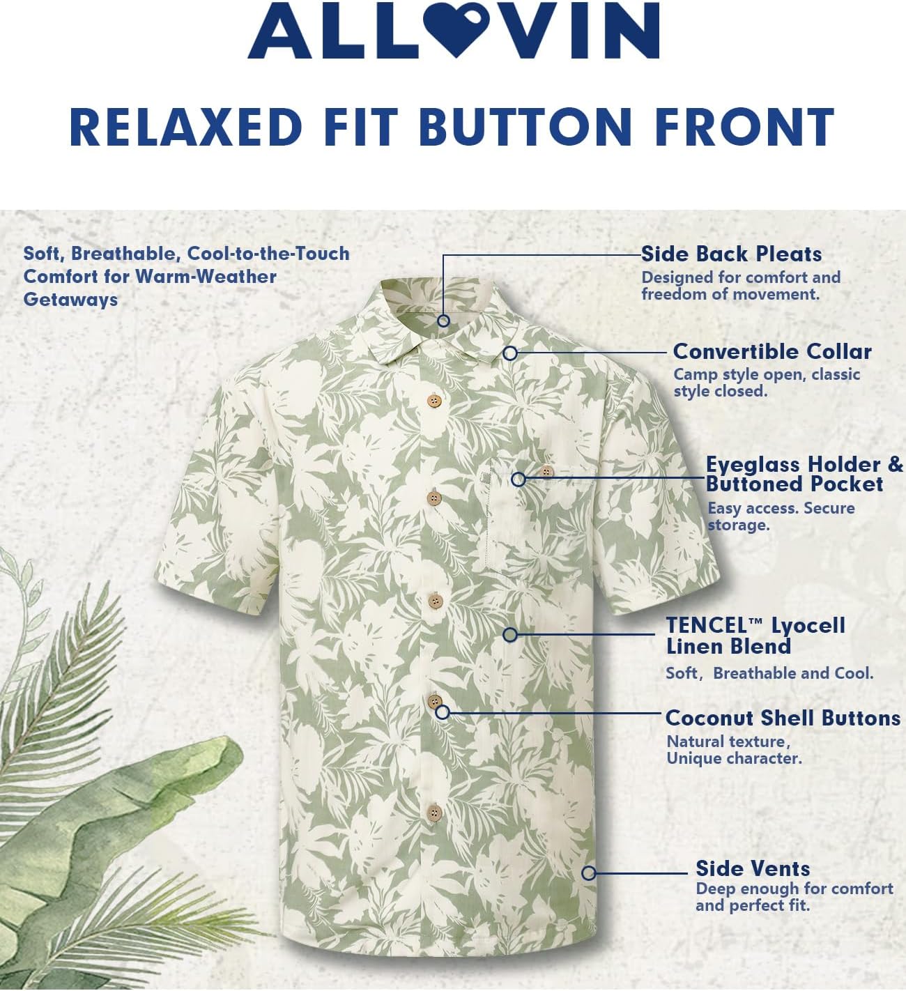 ALLOVIN Mens Camp Collar Hawaiian Shirt Linen Tencel Floral Button Down Loose Fit for Summer Beach & Holiday Party