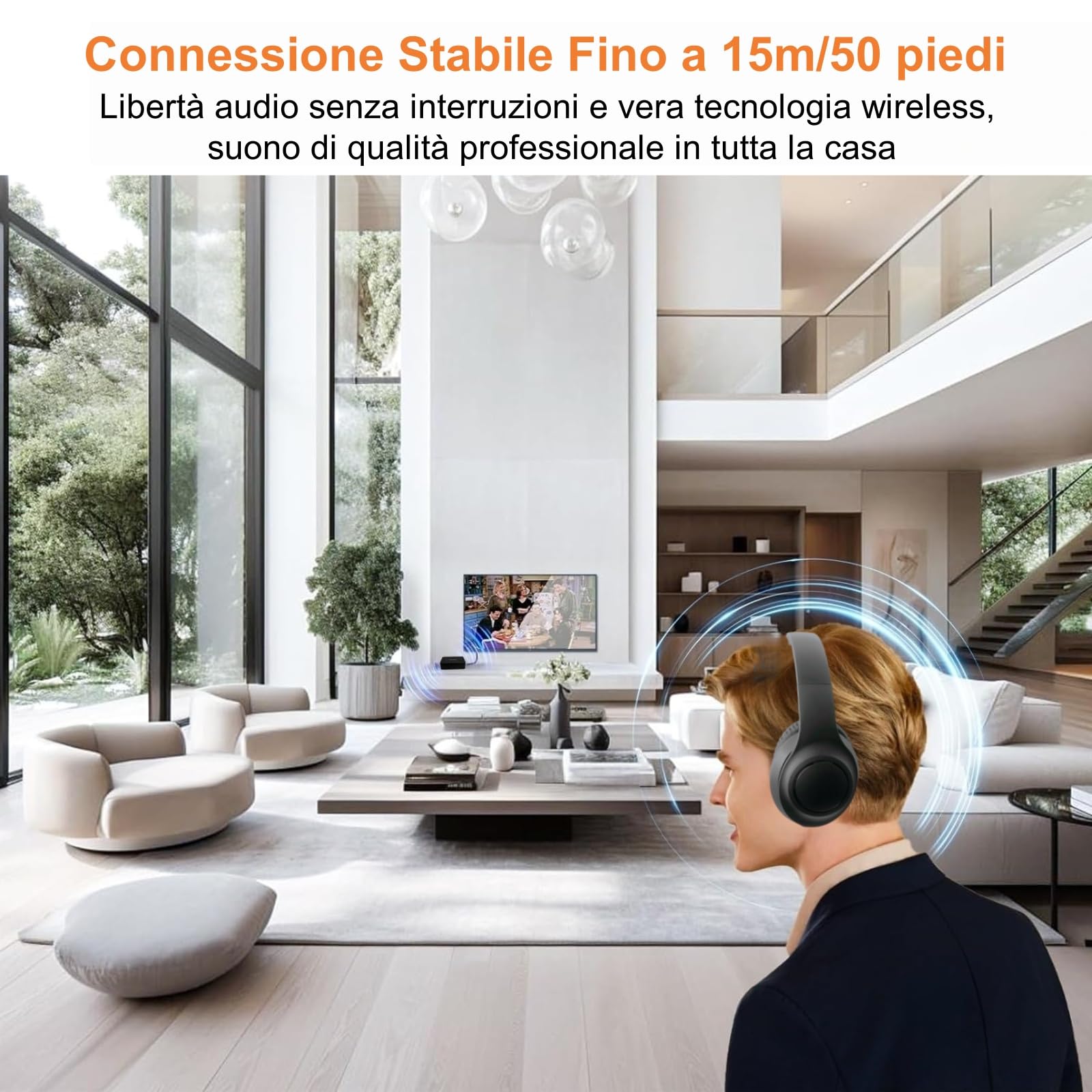 Cuffie TV Wireless con ANC Ibrido per Anziani, Trasmettitore 5-in-1 (Ottico/Coassiale/RCA/USB/AUX), Nessun Ritardo Audio, Voce Chiara, Compatibili con TV/PC