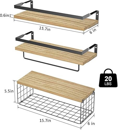 Miniatura 3 de Toalleros para baño montado en la pared, 3 estantes flotantes con cesta de almacenamiento, organizadores de baño, estantes de madera rústica