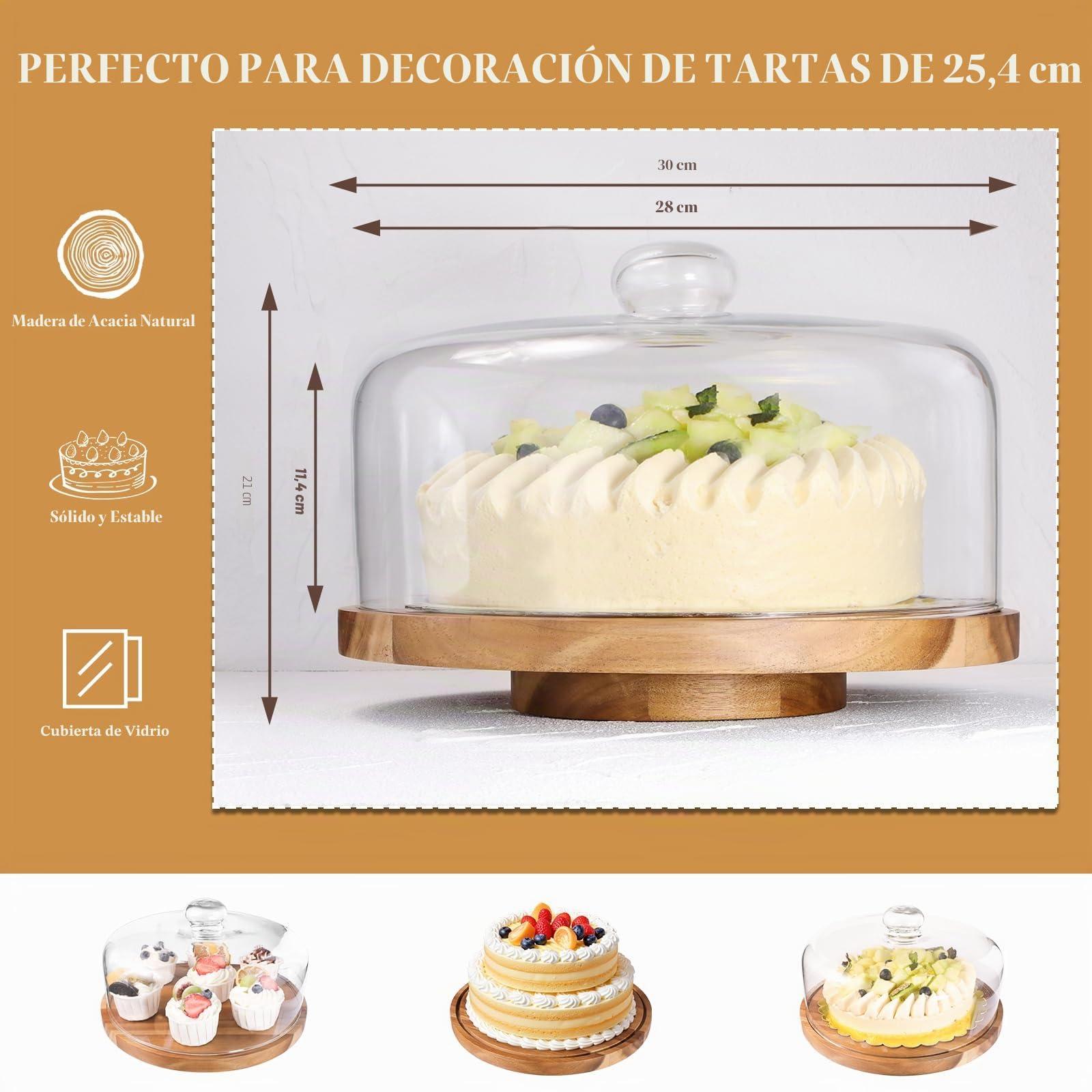 Soporte para tartas con tapa de cristal – bandeja multifunción giratoria 360° de madera – incluye campana y base para servir, decoración de fiestas