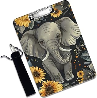 Plastic Clipboard and Pen Bag Set, A4 Letter Size Clipboard, Suitable for Offices, Home, Baby Elephant and Sunflower