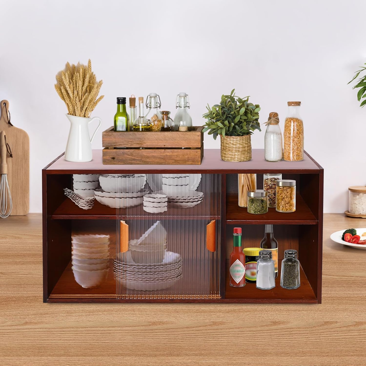 Kitchen Pantry Cabinet, Wall Mount or Countertop Sideboard with Glass Doors, 2 Tiers Rectangular Cupboard Food Pantry Cabinet for Kitchen, Dining Room, or Living Room (Walnut)