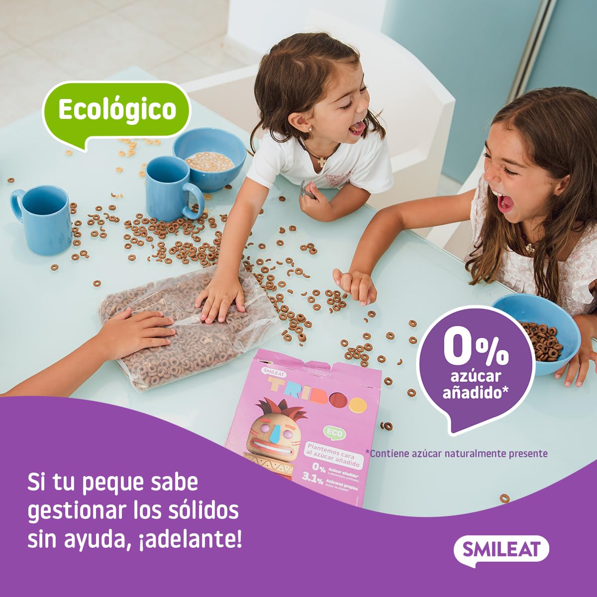 Smileat - Cereal TRIBOO Sabor a Cacao - Snack para peques - Sin Azúcar ni Sal Añadidos - Ecológico y 100% Vegetal - Textura Crunchy - Ideal con Leche o Yogur - 300g